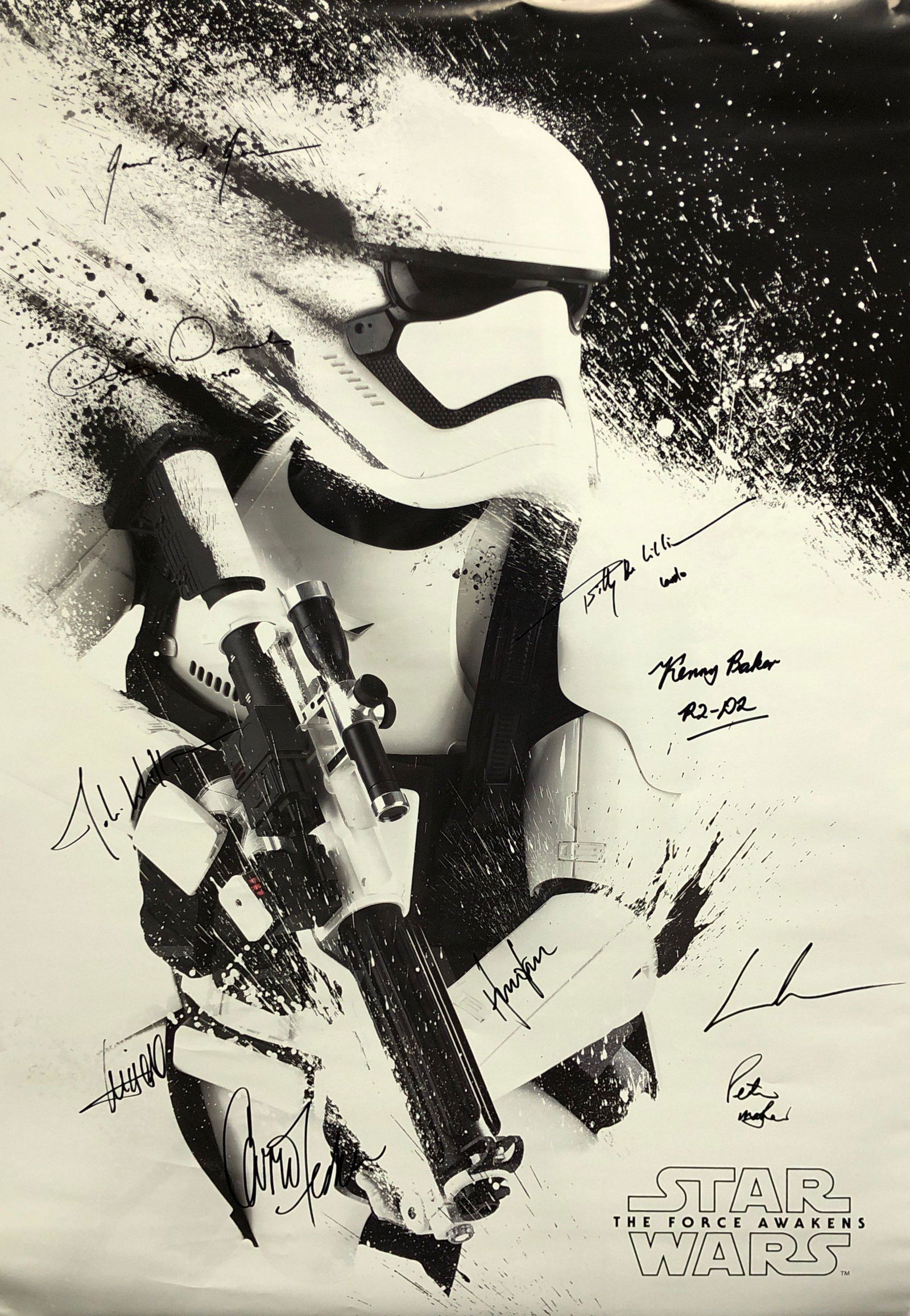 Star Wars Force Awaken A Carrie Fisher Signed Poster: Autographed by: Mark Hamill, Harrison Ford, Carrie Fisher, Anthony Daniels, George Lucas, John Williams, Max Van Sydow, Andy Serkis, Oscar Issac, Lupita Nyongâ€™o, Adam Driver, Gwendoline Christi