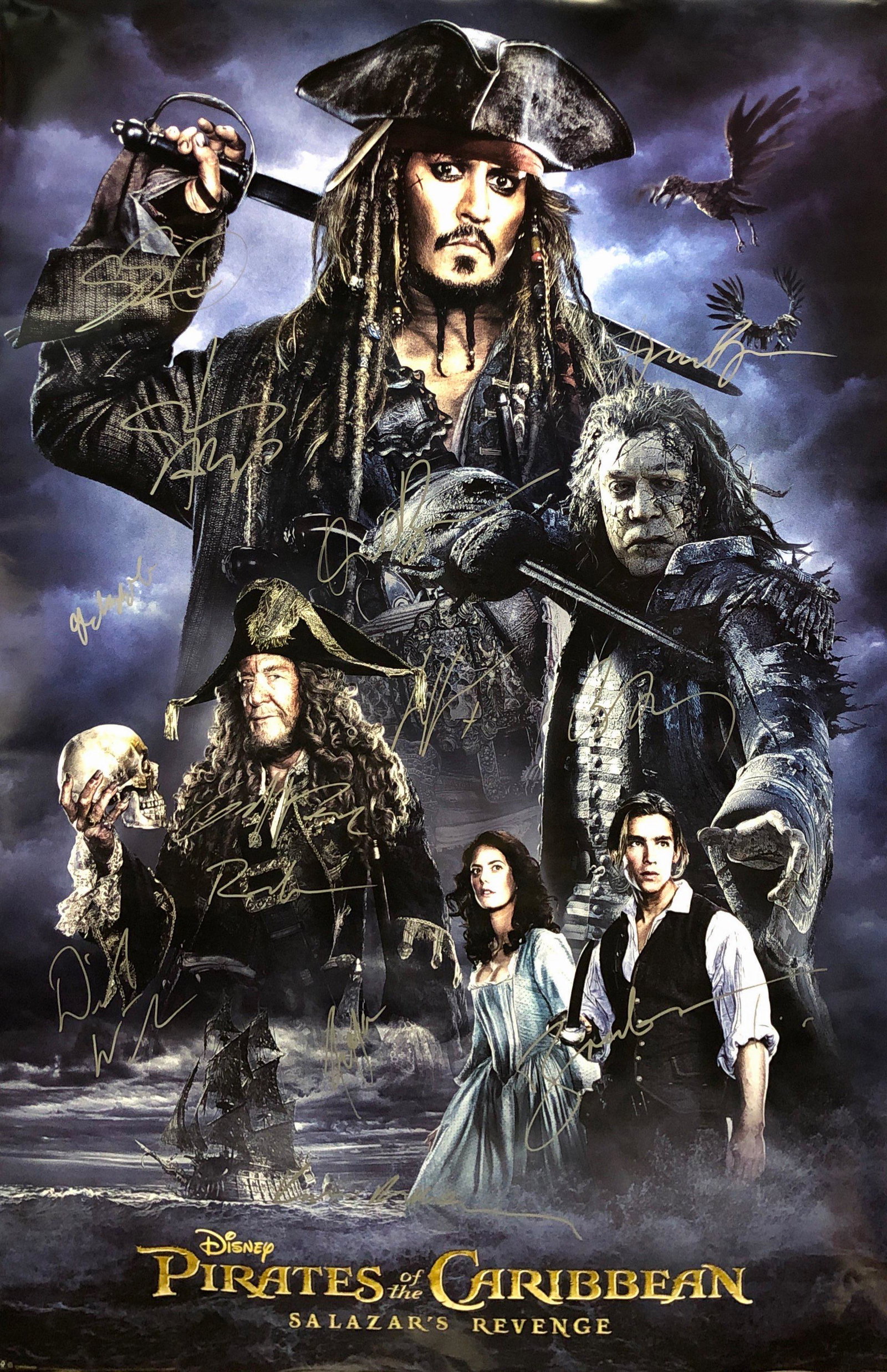 Pirates of the Caribbean Johnny Depp Autographed Poster: Autographed by: Johnny Depp, Javier Bardem, Geoggrey Rush, Brenton Thwaites, Kaya Scodelario, Kevin McNally, Goshifteh Farahani, David Wenham, Stephen Graham, Adam Brown, Orlando Bloom, Keira Knightle