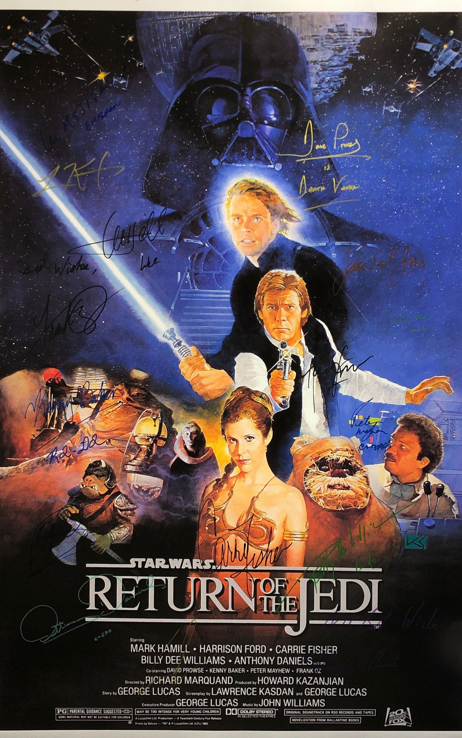 Star Wars Return of Jedi Mark Hamill Autographed Poster: Autographed by: Mark Hamill, Harrison Ford, Carrie Fisher, Billy Dee Williams, Anthony Daniels, Peter Mayhew, Ian McDiarmid, Frank Oz, James Earl Jones, Dave Prowse, Kenny Baker, Warwick Davis, George
