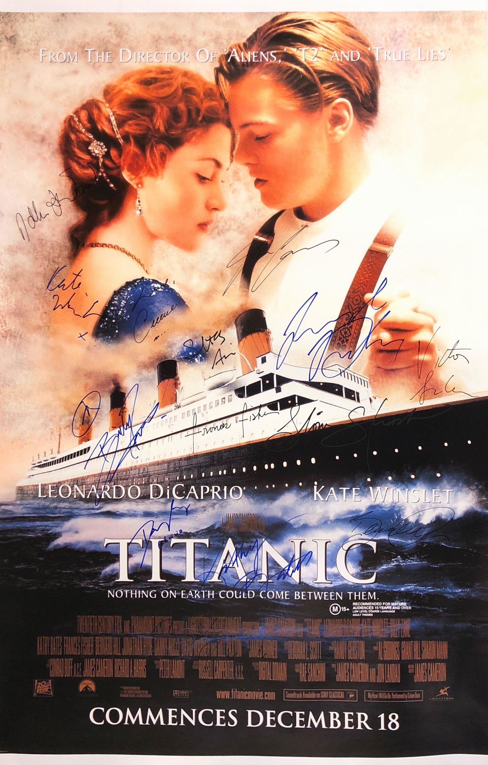 Titanic Kate Winslet Leonardo Dicarpio Signed Poster: Autographed by: Kate Winslet, Leonardo Dicarpio, Danny Nucci, Billy Zane, Gloria Stuart, Kathy Bates, Frances Fisher, Suzy Amis, Bernard Hill, Bill Paxton, Victor Garber, David Warner, Celine Dion, Ja