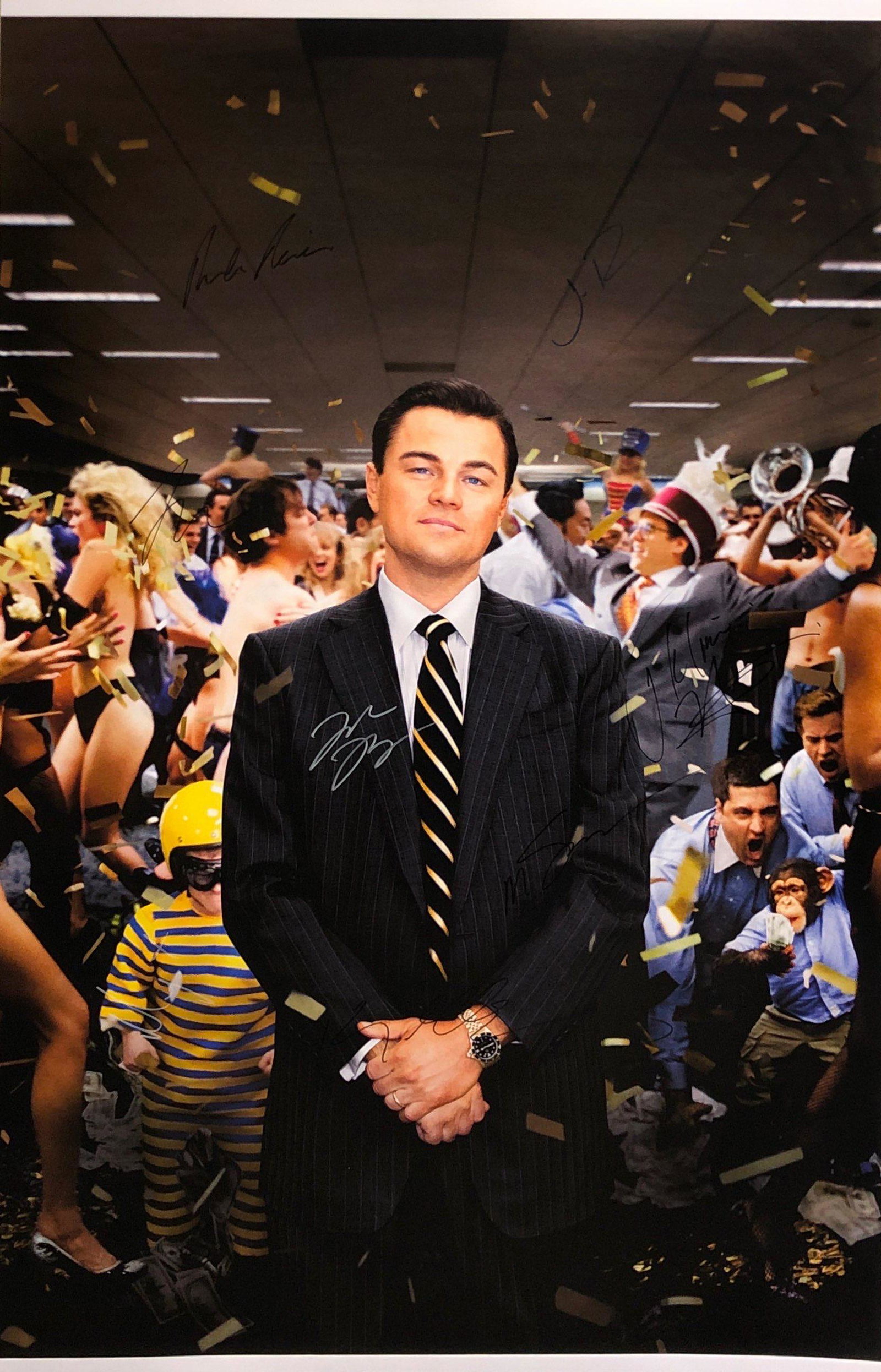 Woft of Wall Street Leonardo DiCaprio Signed Poster: Autographed by: Leonardo DiCaprio, Jonah Hill, Margot Robbie, Matthew McConaughey, Kyle Chadler, Rob Reiner, Jon Bernthal and Martin Scorsese Size: 24" x 36" All items come with COA which has professi
