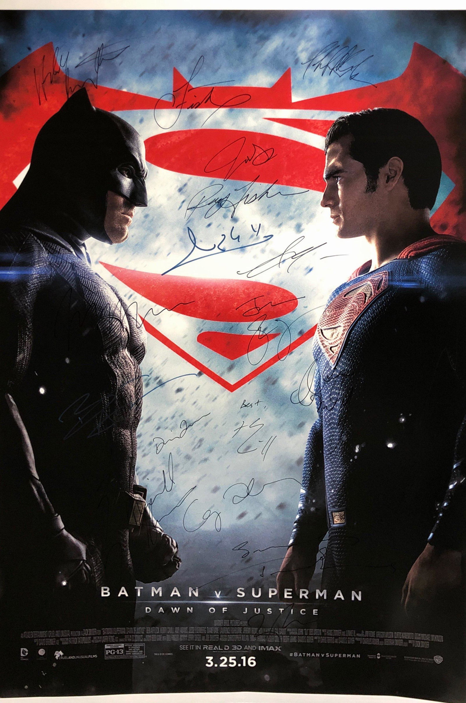 DC Batman VS Superman Ben Affleck SIGNED Poster: Autographed by: Ben Affleck, Henry Cavill, Gal Gadot, Amy Adams, Jesse Eisenberg, Diane Lane, Jena Malone, Laurence Fishburne, Jeremy Irons, Holly Hunter, Scoot McNairy, Michael Shannon, Callen Mulvey