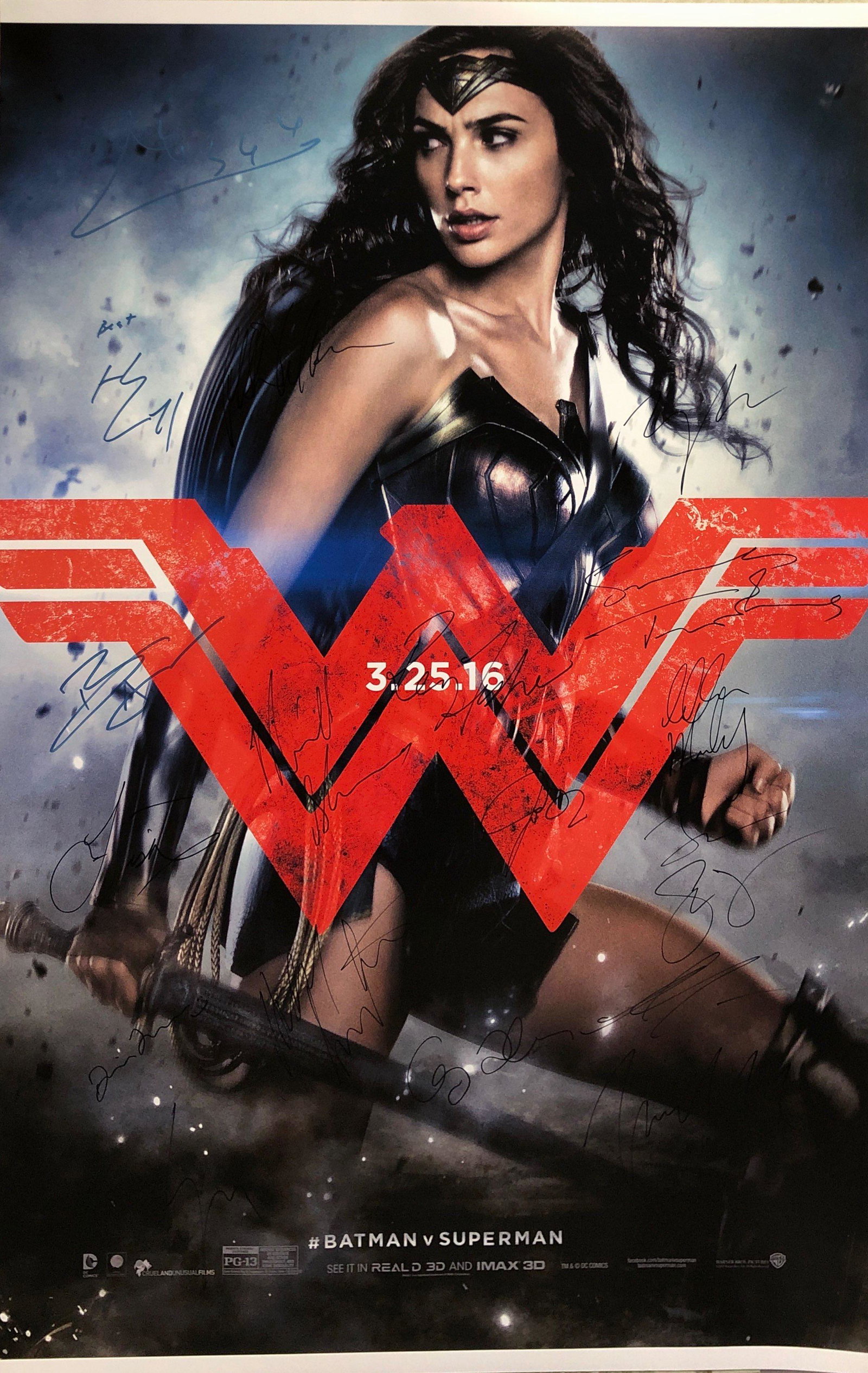 DC Batman VS Superman Gal Gadot SIGNED Poster: Autographed by: Ben Affleck, Henry Cavill, Gal Gadot, Amy Adams, Jesse Eisenberg, Diane Lane, Jena Malone, Laurence Fishburne, Jeremy Irons, Holly Hunter, Scoot McNairy, Michael Shannon, Callen Mulvey