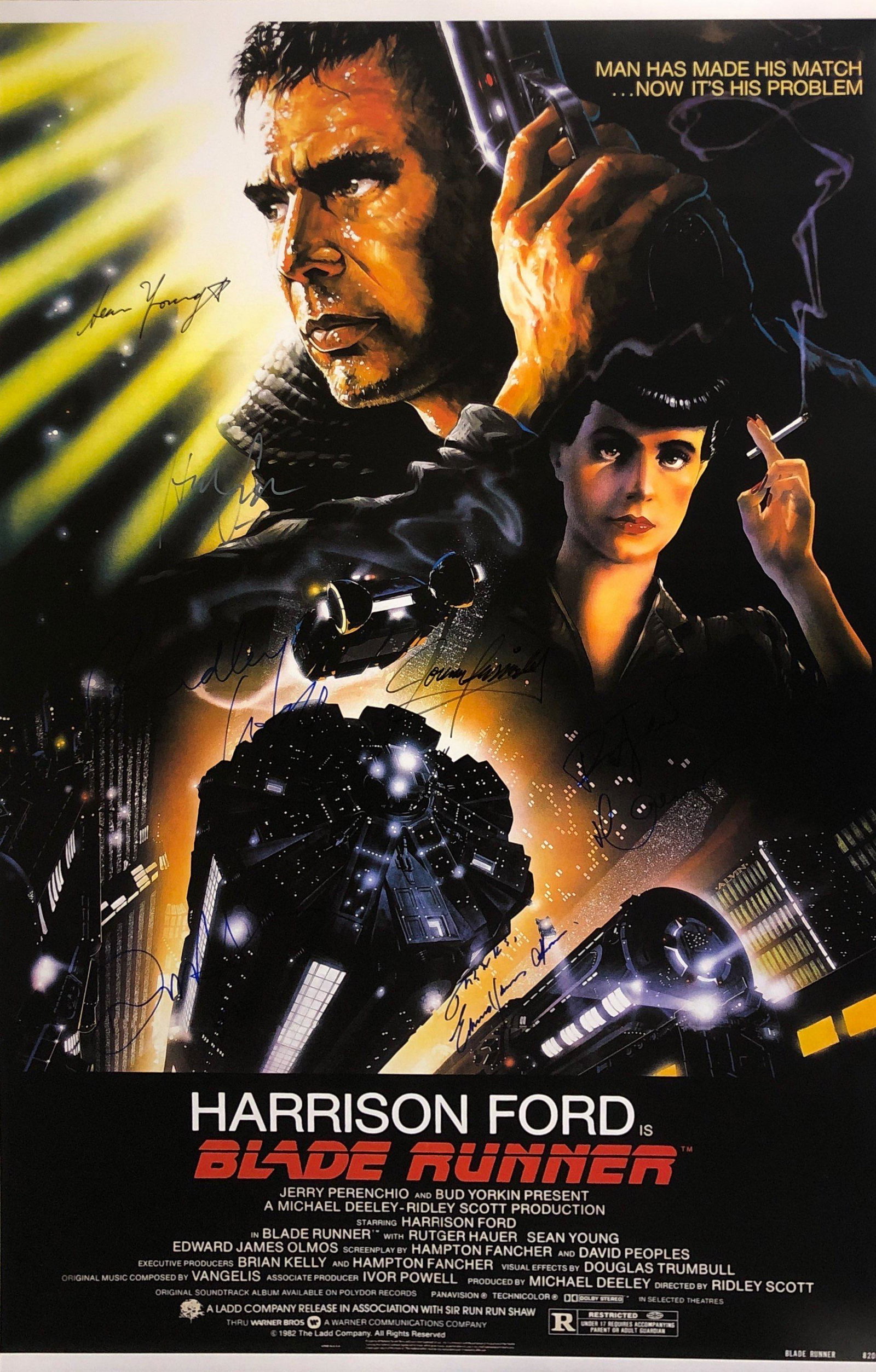 Blade Runner Harrison Ford Autographed SIGNED Poster: Autographed by: Harrison Ford, Rutger Hauer, Daryl Hannah, Sean Young, Edward James Olmos, Joanna Cassidy, Ridley Scott Size: 24" x 36" All items come with COA which has professional authentication se