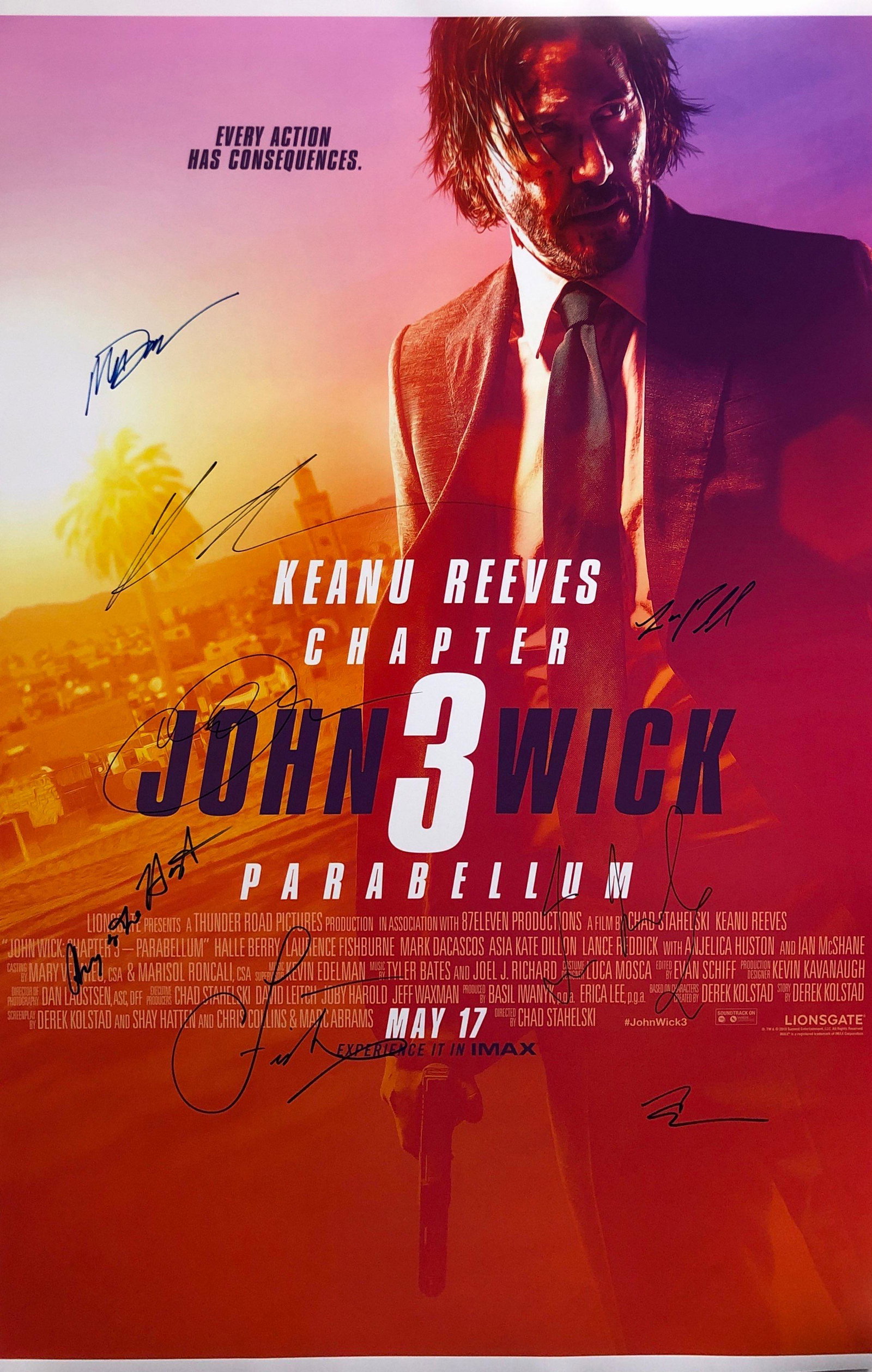 John Wick 3 Keanu Reeves Autographed SIGNED Poster: Autographed by: Keanu Reeves, Halle Berry, Ian McShane, Laurence Fishburne, Mark Dacascos, Asia Kate Dillon, Lance Reddick, Anjelica Huston Size: 24" x 36" All items come with COA which has profession
