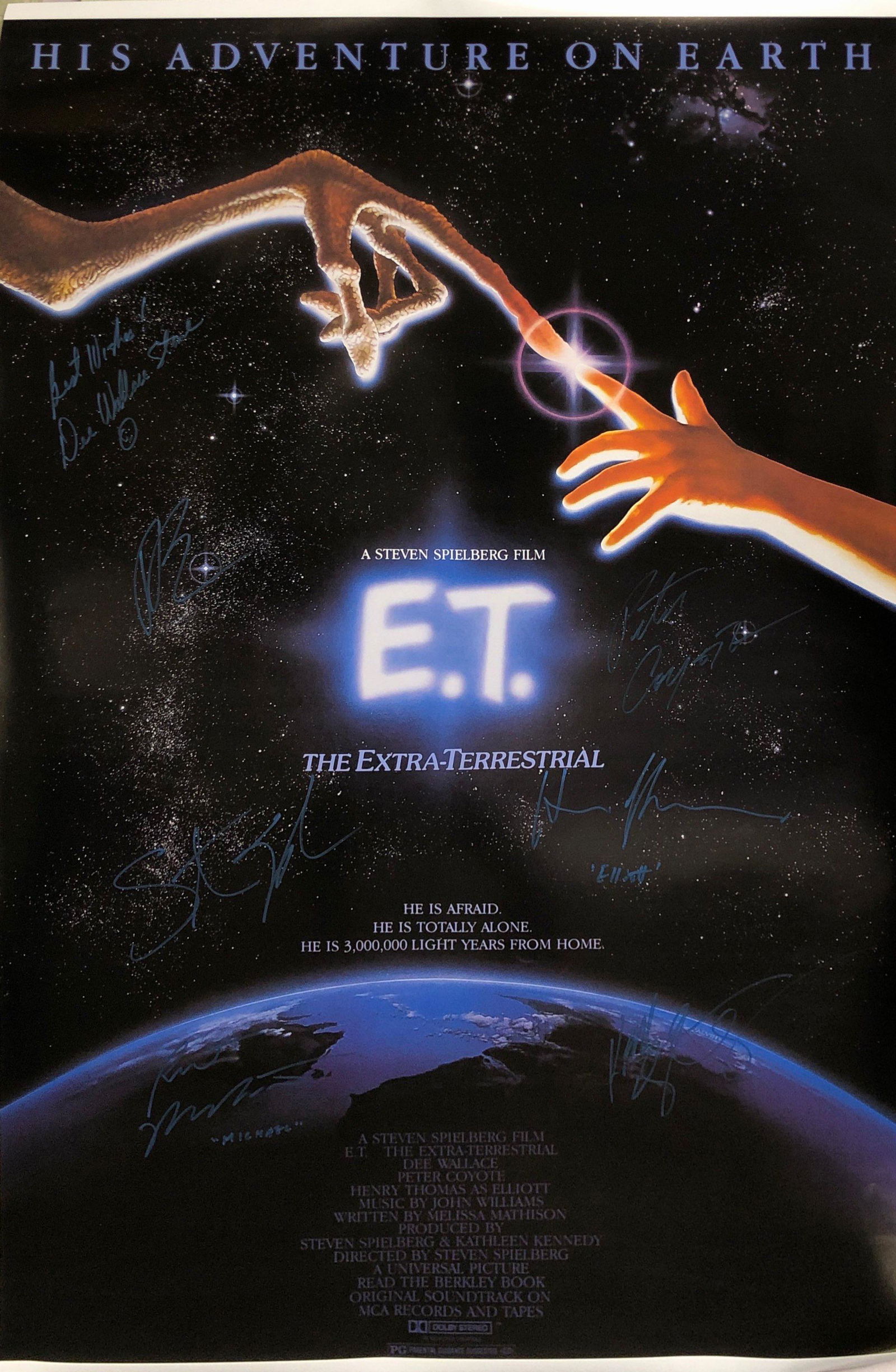 ET Drew Barrymore B Autographed SIGNED Poster: Autographed by: Henry Thomas, Steven Spielberg, Drew Barrymore, Robert MacNaughton, Dee Wallace Stone, Kathleen Kennedy and Peter Coyote Size: 24" x 36" All items come with COA which has professional