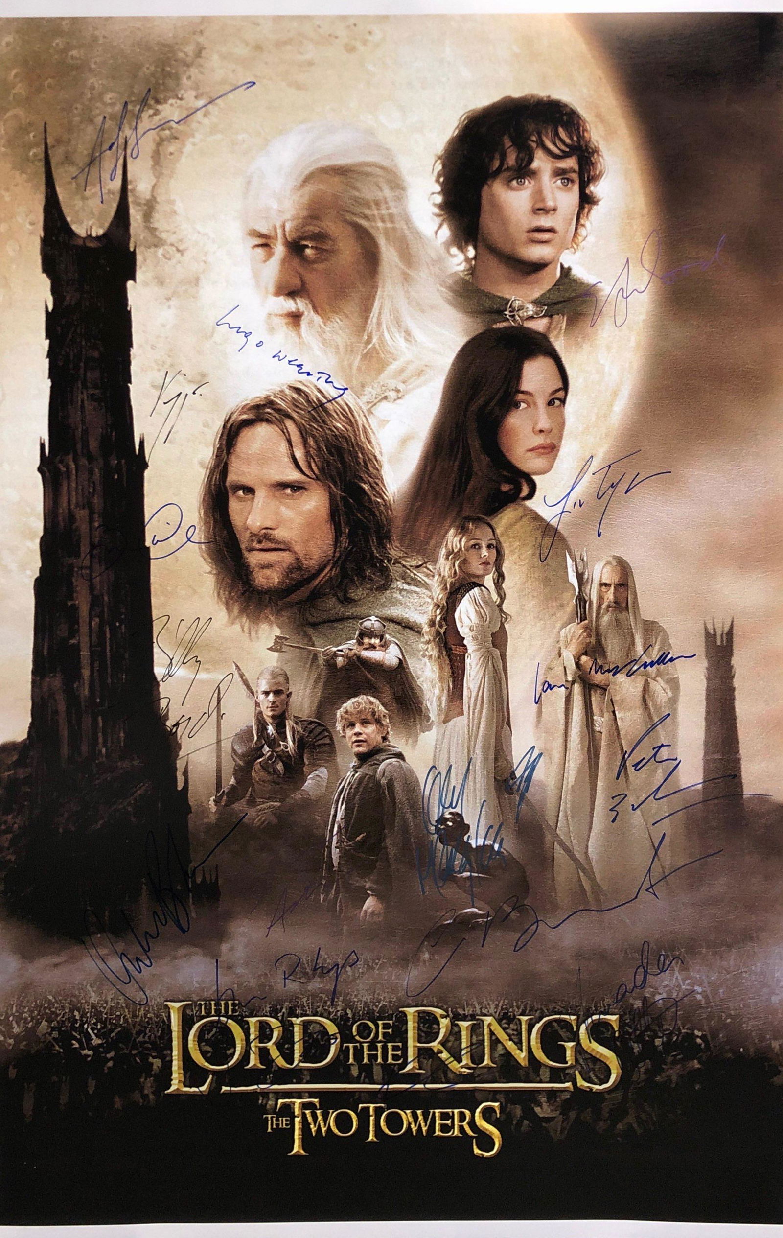 Lord of the Rings Two Towers Autographed SIGNED Poster: Autographed by: Elijah Wood, Sean Astin, Dominic Monaghan, Billy Boyd, Viggo Mortensen, Orlando Bloom, Liv Tyler, Cate Blanchett, Ian McKellen, John Rhys-Davies, Andy Serkis, Hugo Weaving, Miranda Ott