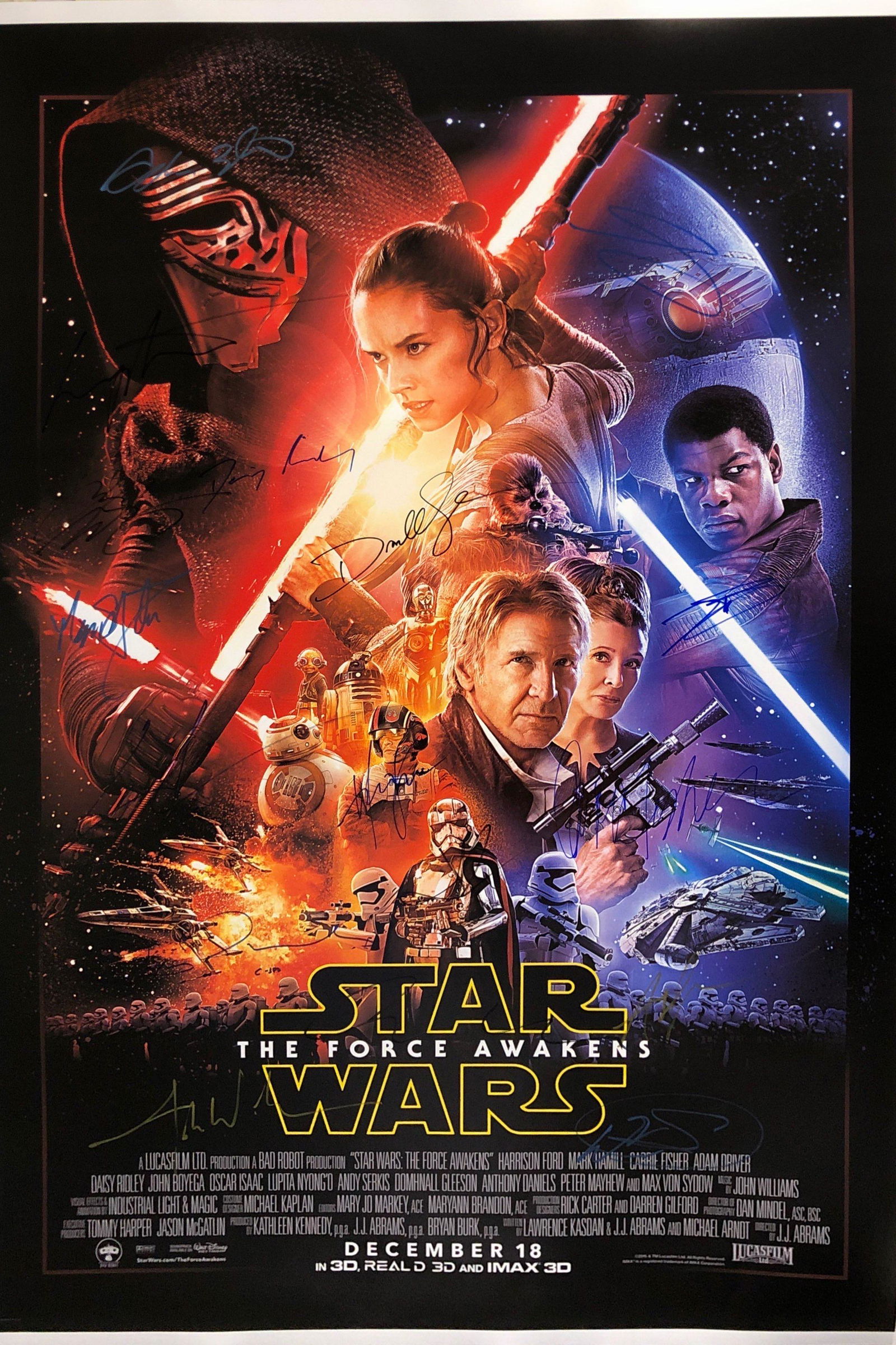 Star Wars Force Awaken Autographed SIGNED Poster: Autographed by: Mark Hamill, Harrison Ford, Carrie Fisher, Anthony Daniels, Peter Mayhew, Kenny Baker, Warwick Davis, George Lucas, John Williams, Max Van Sydow, Andy Serkis, Simon Pegg, Oscar Issac,