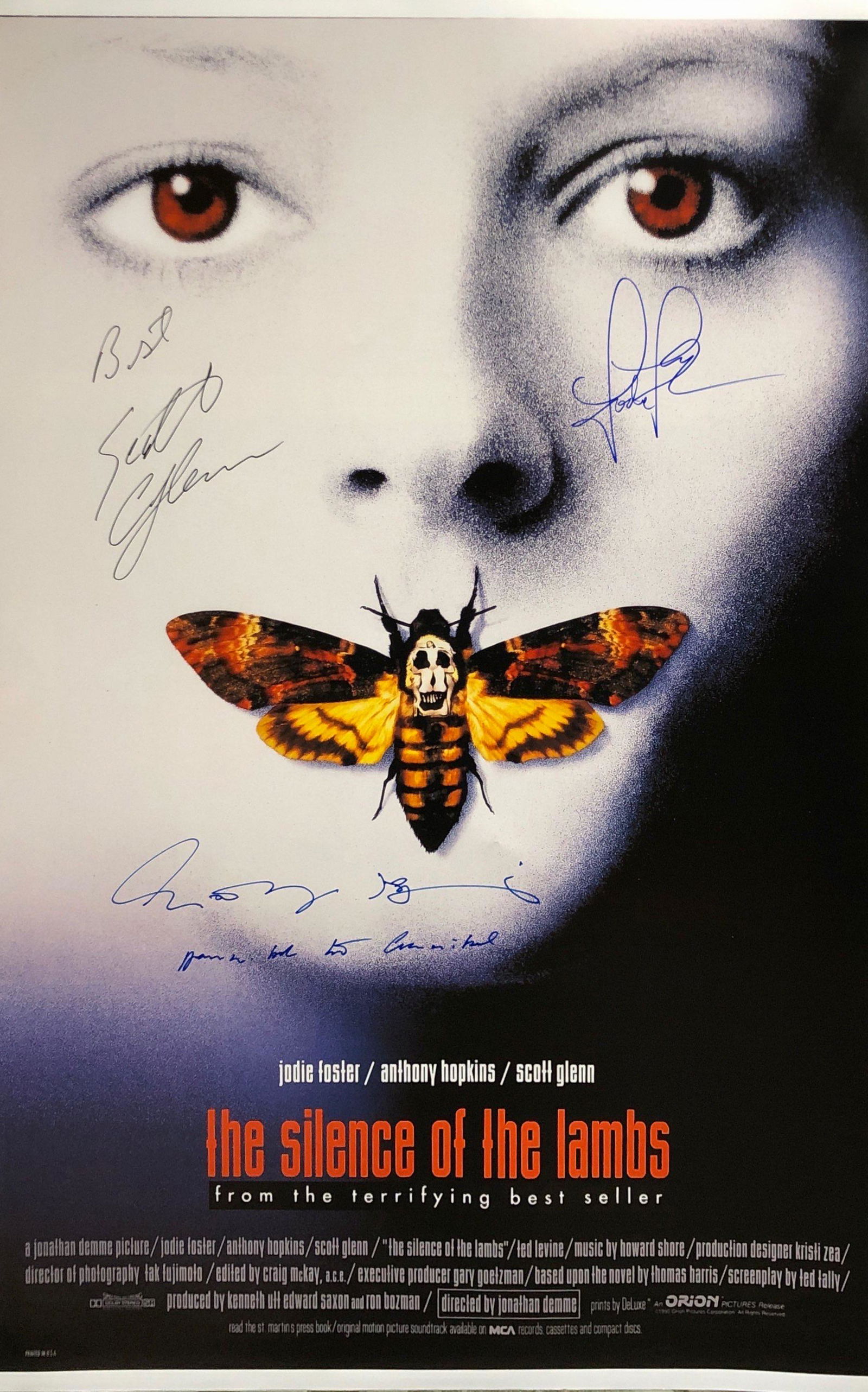Silence of the lambs Anthony Hopkins Autographed SIGNED: Autographed by: Anthony Hopkins with writings â€˜Hannibal the Cannibalâ€™, Scott Glenn, Jodie Foster Size: 24" x 36" All items come with COA which has professional authentication services by