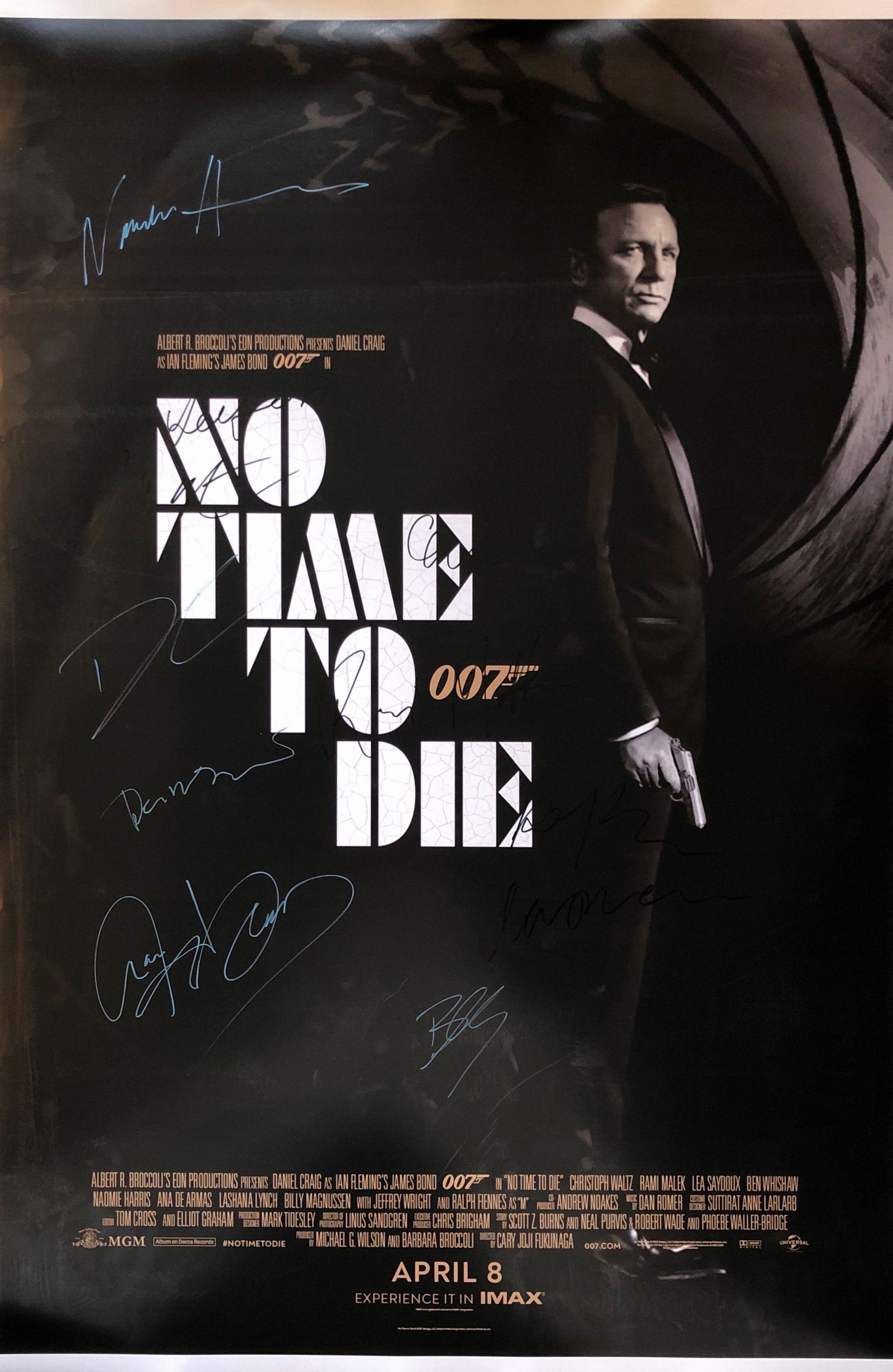 James Bond Daniel Craig No Time To Die Signed Poster: Autographed by: Ana de Armas, Daniel Craig, Rami Malek, Lea Seydoux, Billy Magnussen, Ralph Fiennes, Naomie Harris, Christoph Waltz, Jeffrey Wright, Ben Whishaw, Lashana Lynch Size: 24" x 36" All item