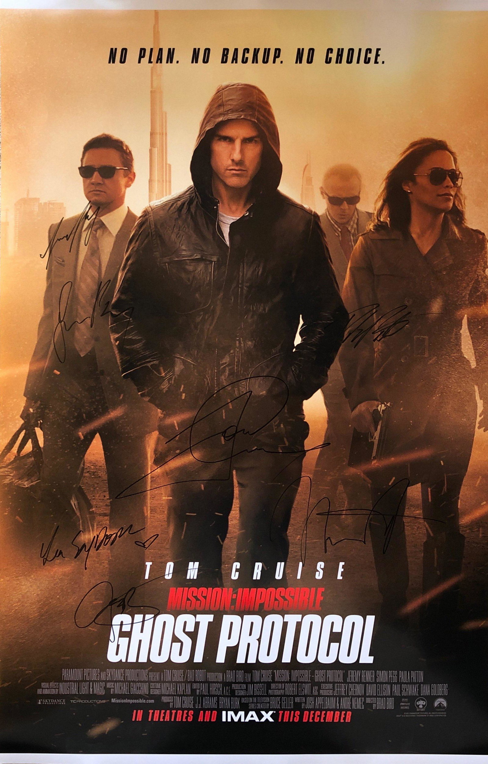 Mission Impossible Ghost Tom Cruise Signed Poster: Autographed by: Tom Cruise, Paula Patton, Simon Pegg, Jeremy Renner, Michael Nyqvist, Lea Seydoux, Josh Holloway Size: 24" x 36" All items come with COA which has professional authentication services 