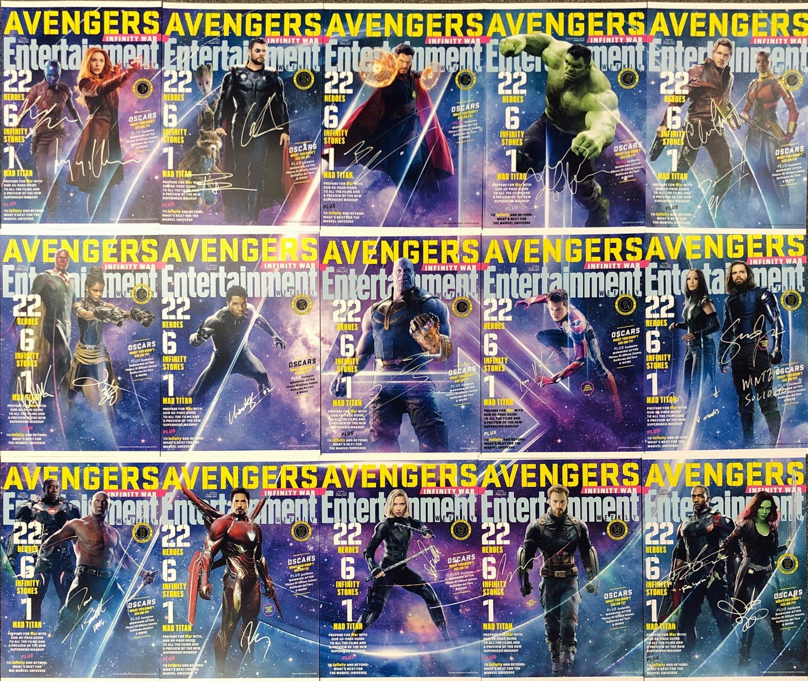 Entertainment Cover Photo A Set of 15 Signed: Autographed by: Robert Downey Jr., Chadwick Boseman, Chris Hemsworth, Elizabeth Olsen, Sebastian Stan, Karen Gillan, Scarlett Johansson, Tom Hiddleston, Benedict Cumberbatch, Tom Holland, Chris Pratt,