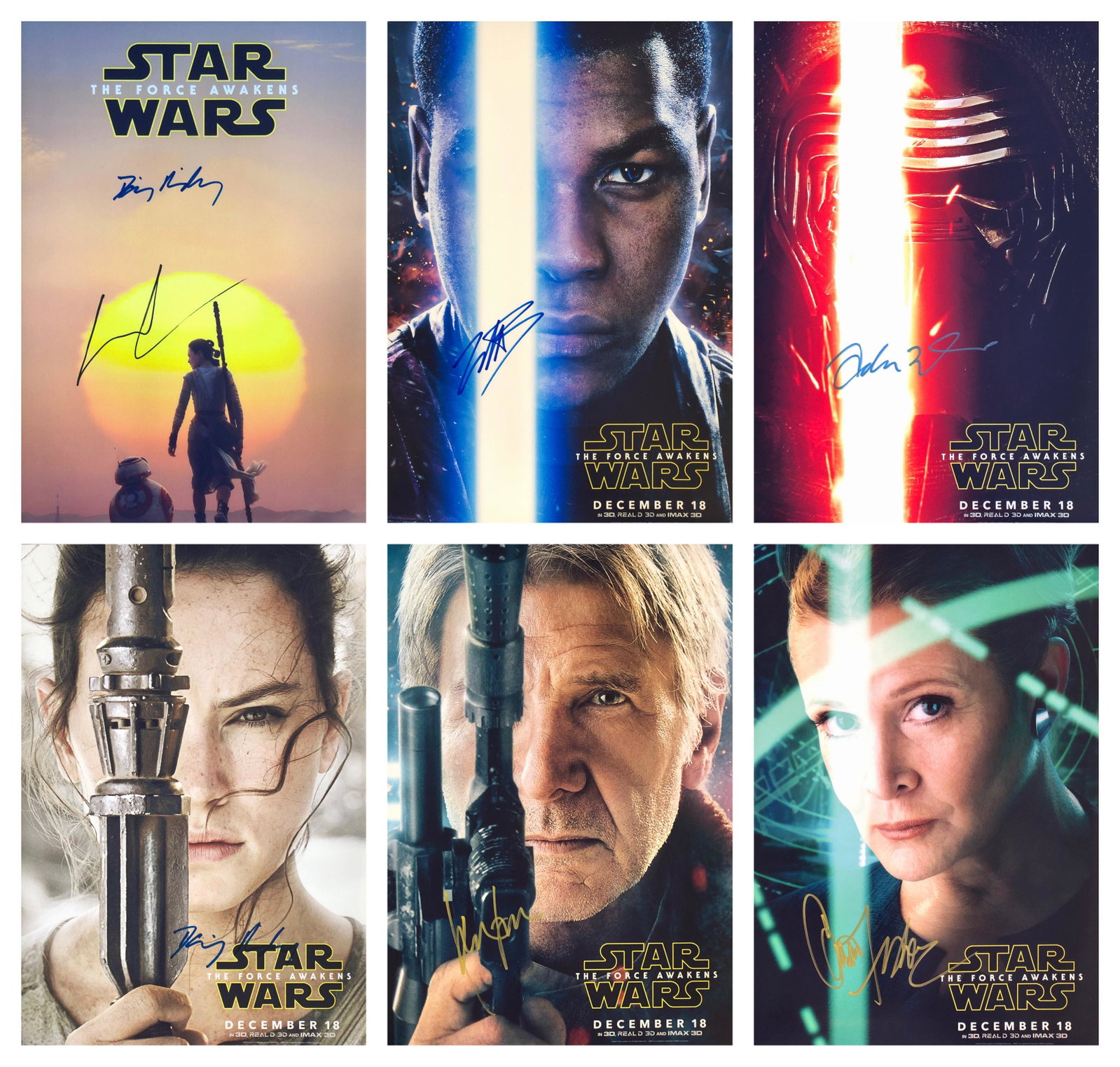Star Wars Force Awaken Photo Set of 6 Autograph Signed: Autographed by: Carrie Fisher, Adam Driver, Harrison Ford,, Daisy Ridley, George Lucas, John Boyega Size: 8" x 10" All items come with COA which has professional authentication services by experts. Ce