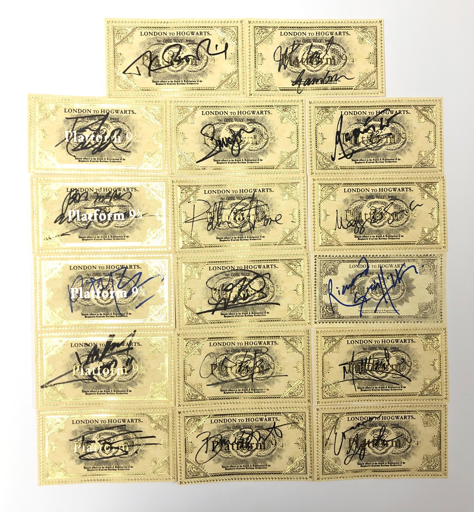 Harry Potter Train Ticket Set 17 People Autograph: Autographed by: J.K. Rowling, Daniel Radcliffe, Rupert Grint, Emma Watson, James Phelps, Oliver Phelps, Tom Felton, Evanna Lynch, Michael Gambon, Alan Rickman, Maggie Smith, Ralph Fiennes, Bonnie Wrig