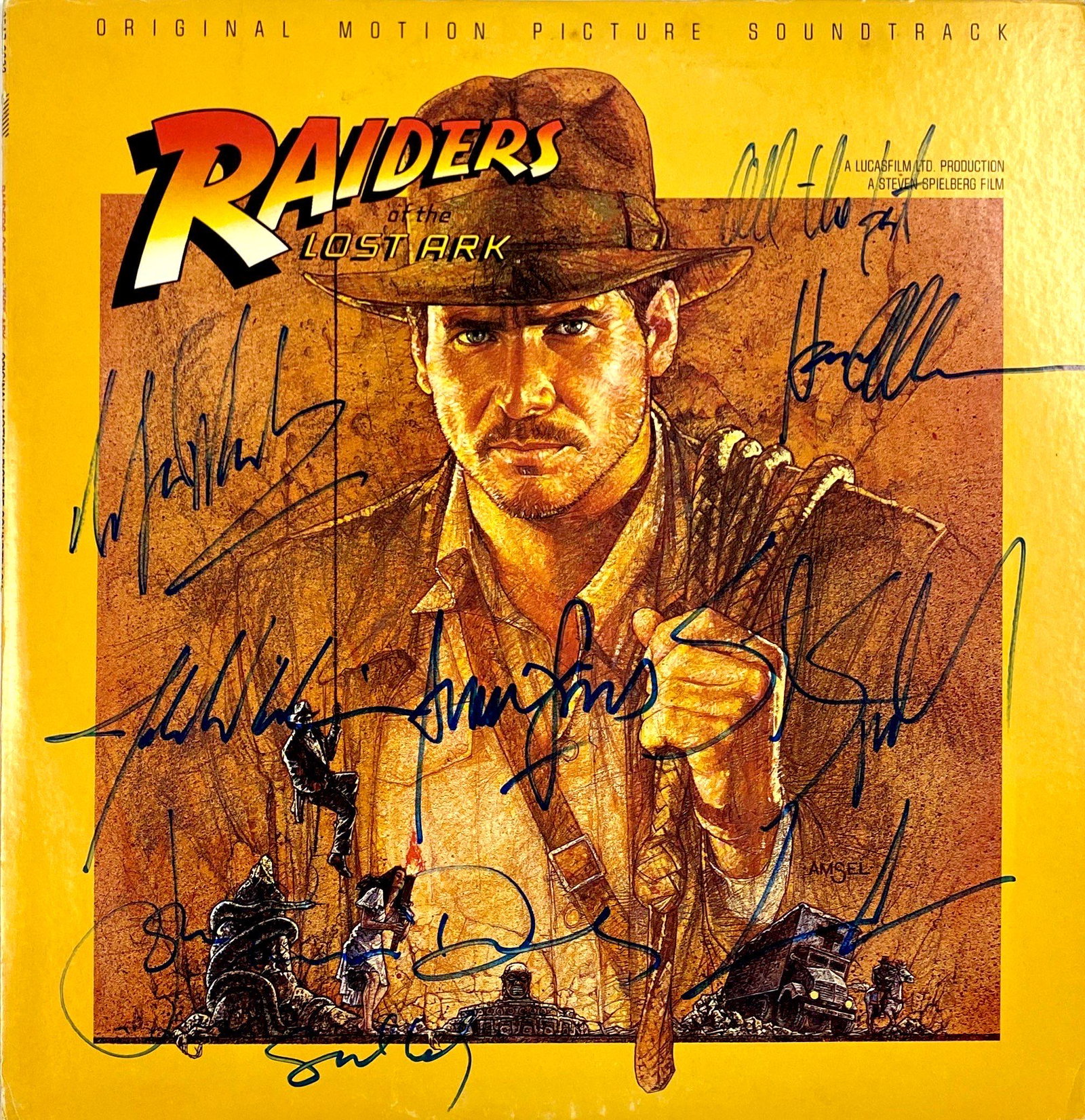Raiders of The Lost Ark Harrison Ford LD Autograph: Autographed by: Harrison Ford, Karen Allen, Alfred Molina, John Rhys-Davies, George Lucas, Steven Spielberg, John Williams All items come with COA which has professional authentication services by exp