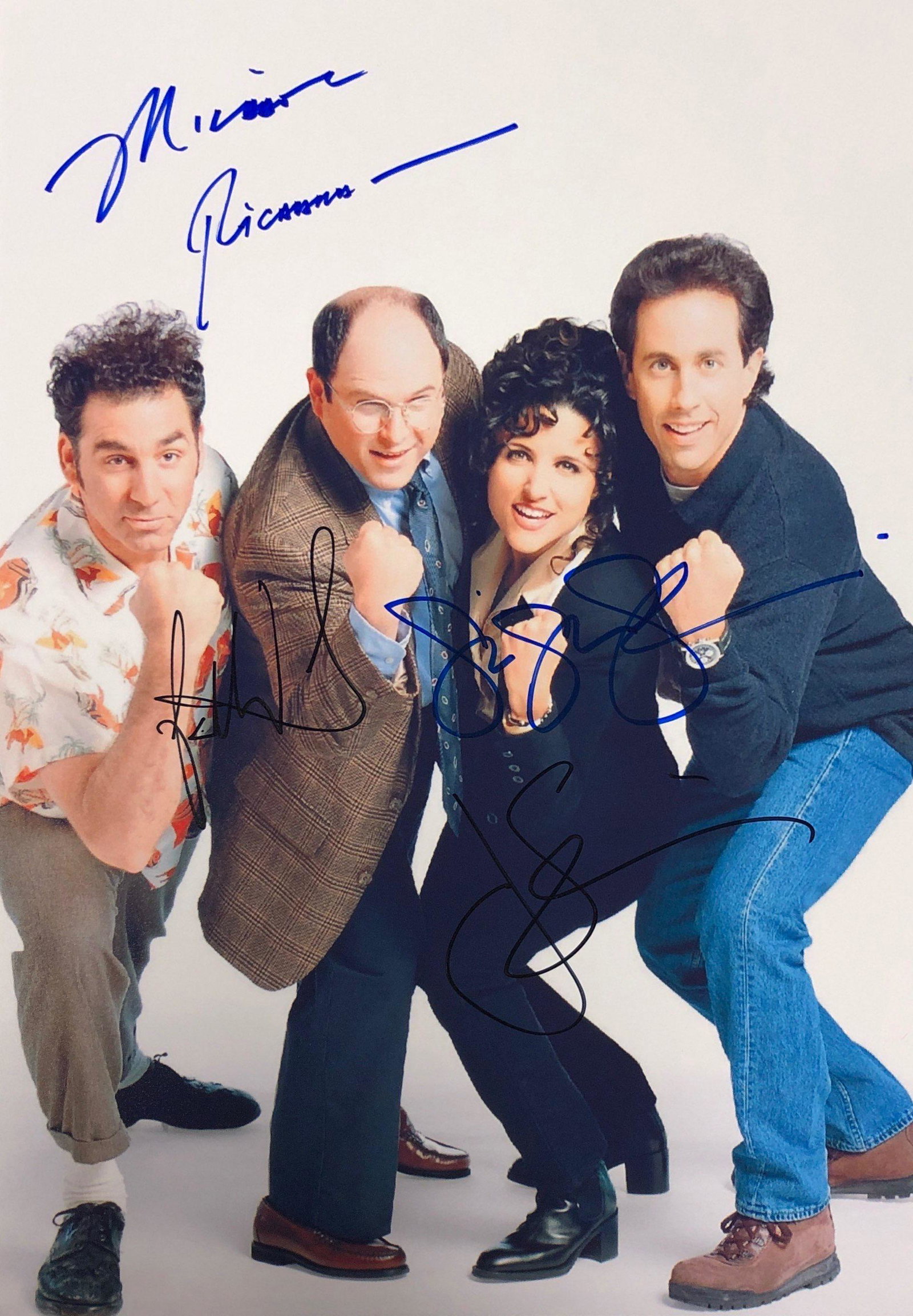 Seinford Jerry Seinfeld Jason Alexander Signed: Autographed by: Jerry Seinfeld, Jason Alexander, Julia Louis Dreyfus, Michael Richards Size: 8" x 10" All items come with COA which has professional authentication services by experts. Certificate com