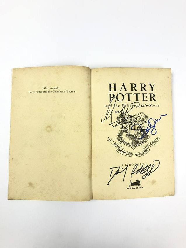 Harry Potter Philosopher Stone Autograph Signed: Autographed by: J.K. Rowling, Daniel Radcliffe, Emma Watson, Rupert Grint All items come with COA which has professional authentication services by experts. Certificate come with unique silver hologra