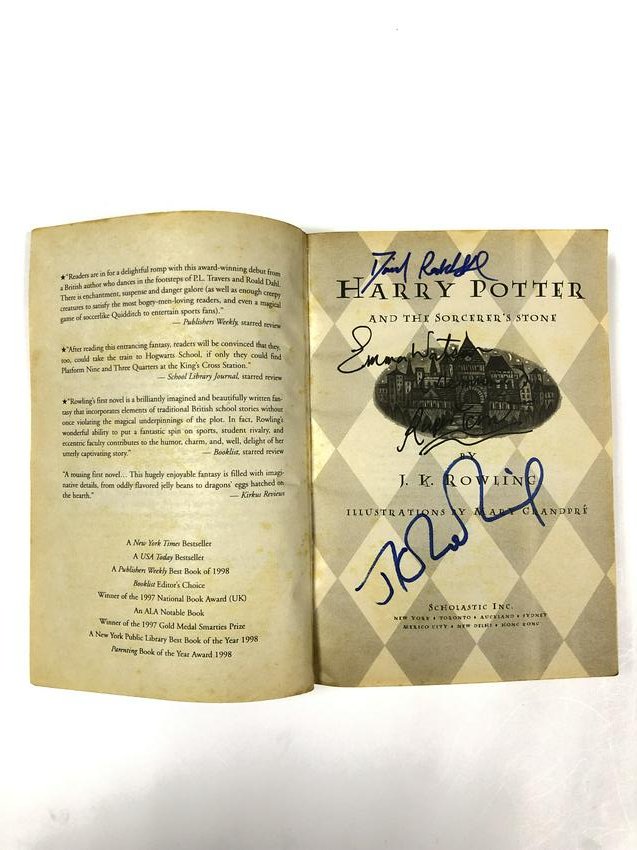 Harry Potter Philosopher Stone Autograph Signed: Autographed by: J.K. Rowling, Daniel Radcliffe, Emma Watson, Rupert Grint All items come with COA which has professional authentication services by experts. Certificate come with unique silver hologra