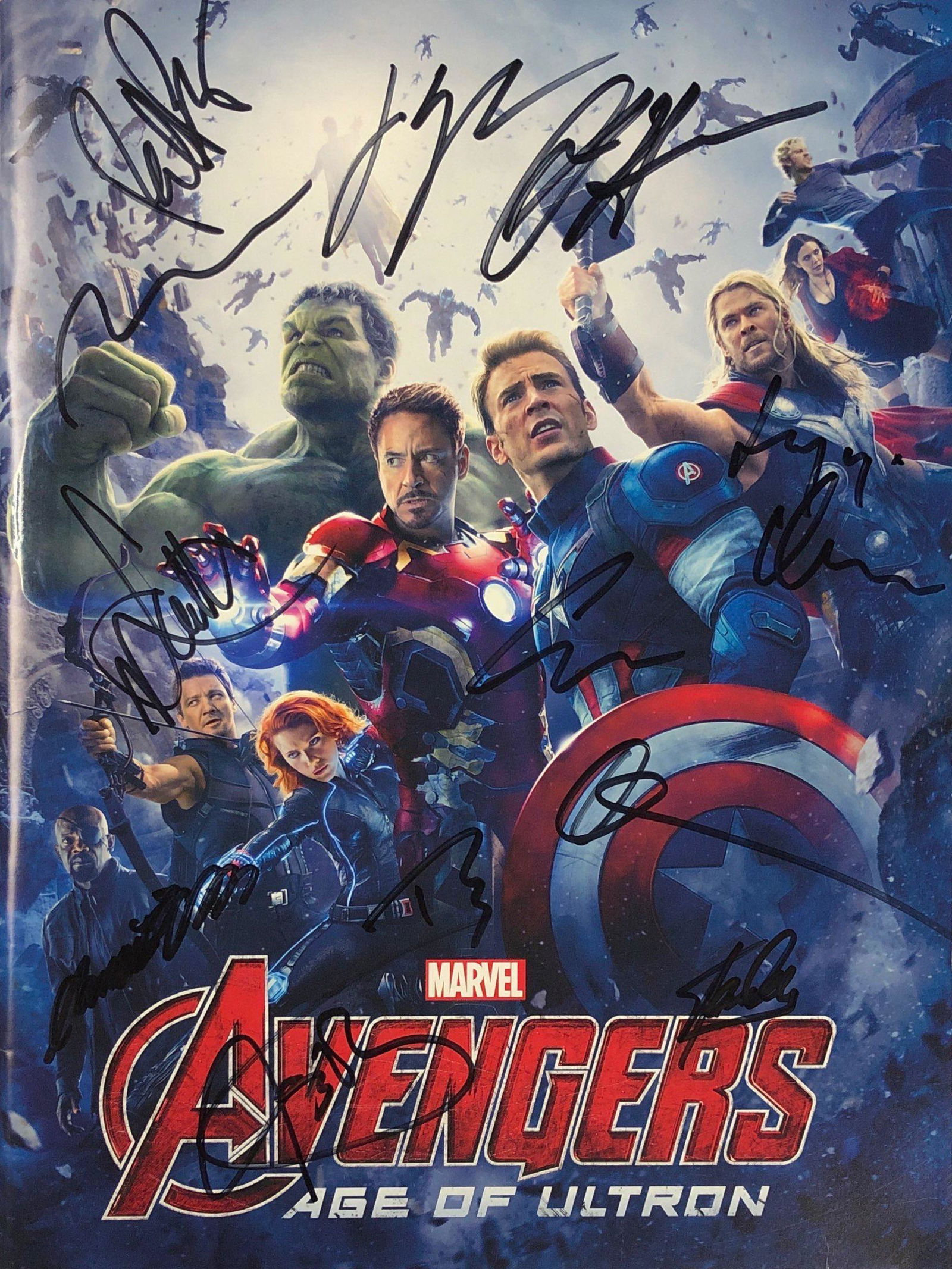 Avengers Age of Ultron Movie Picture Book Autograph: Autographed by: Robert Downey Jr., Chris Evans, Chris Hemsworth, Mark Ruffalo, Jeremy Renner, Scarlett Johannson, James Spader, Samuel L Jackson, Aaron Taylor Johnson, Elizabeth Olsen, Paul Bettany an