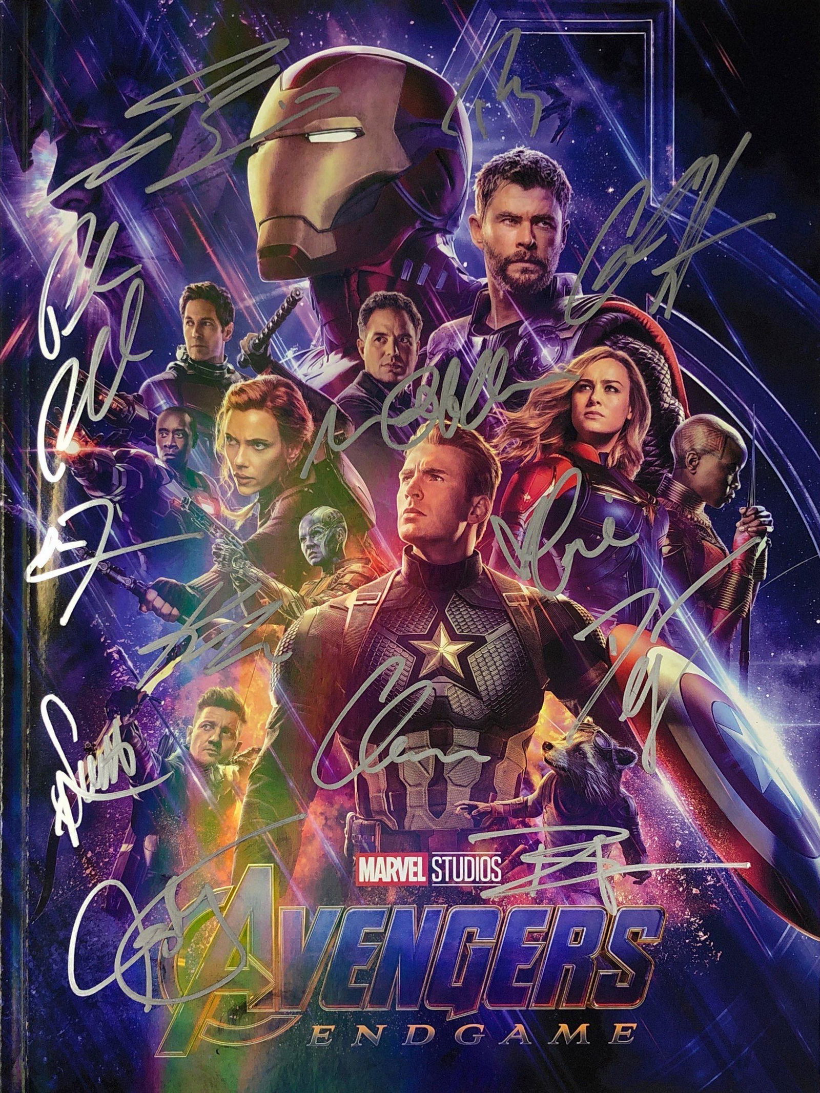 Avengers Endgame Movie Picture Book Autograph Signed: Autographed by: Chris Evans, Chris Hemsworth, Robert Downey Jr, Mark Ruffalo, Scarlett Johansson, Jeremey Renner, Brie Larson, Danai Gurira, Josh Brolin, Paul Rudd, Don Cheadle, Bradley Cooper, Karen