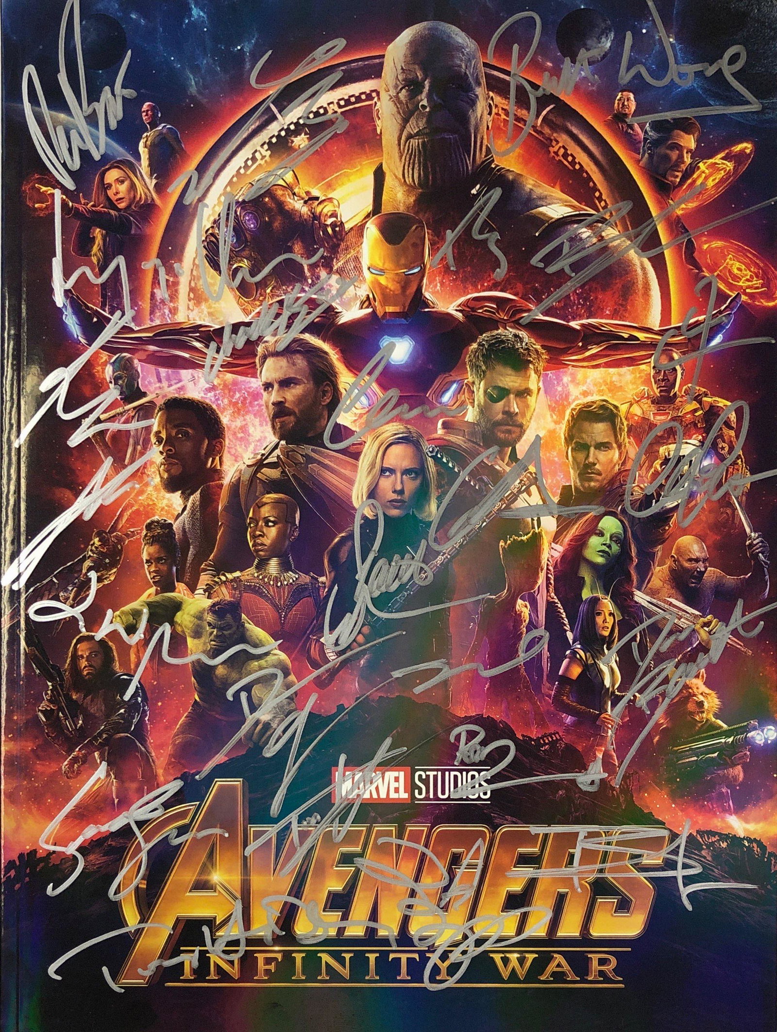 Avengers Infinity War Movie Picture Book Autograph: Autographed by: Robert Downey Jr., Chadwick Boseman, Chris Hemsworth, Elizabeth Olsen, Sebastian Stan, Karen Gillan, Scarlett Johansson, Tom Hiddleston, Benedict Cumberbatch, Tom Holland, Chris Pratt,