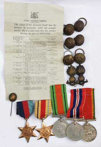 WW2 . South African Artillery Medal Group of 5 with Badges & Papers (1 of 1)