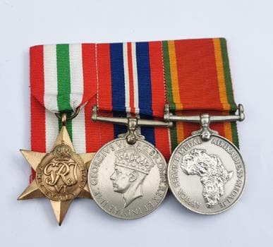 WW2. South African Medal Group of 3: Named to 613585 B.W. Bates. Unresearched. Mounted for wear