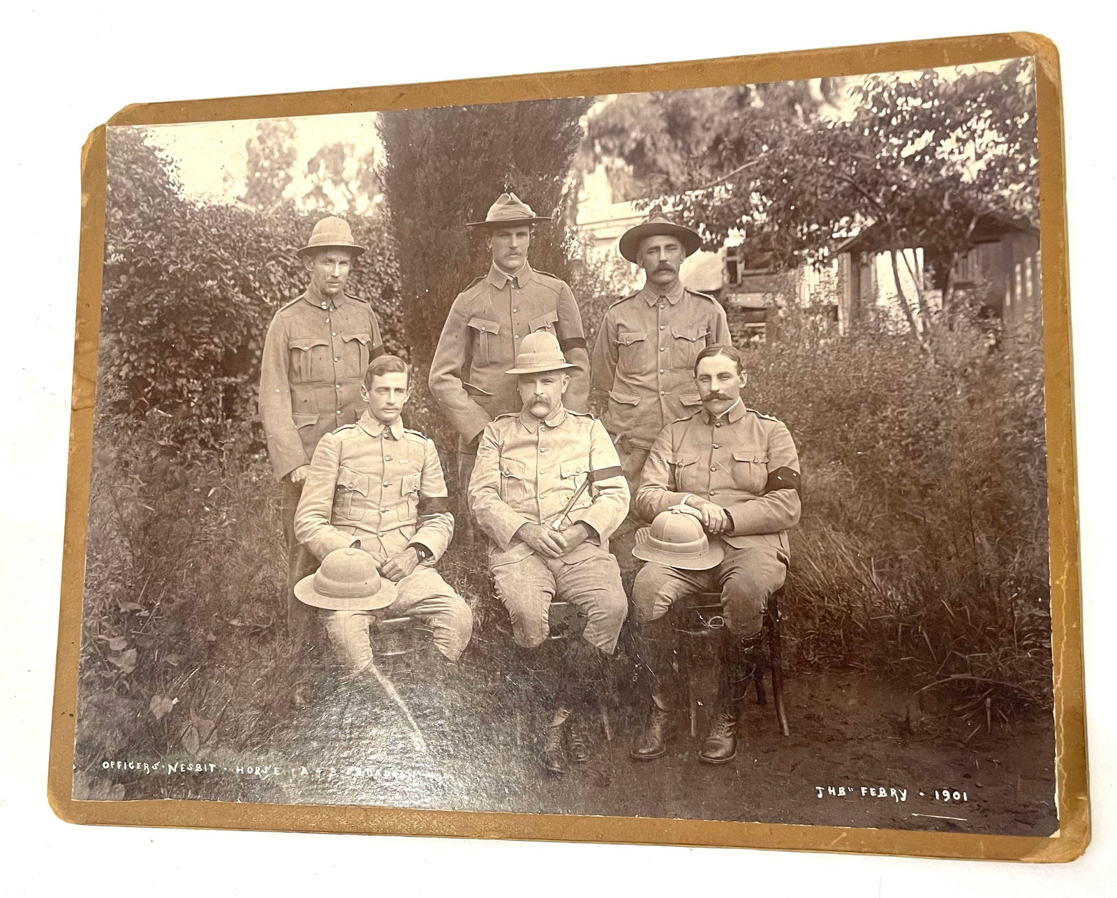 BOER WAR. Group Photo, Officers Nesbitts Horse: Original period officers group photo on board.Johannesburg, Feburary 1901.A & B Squadron.21x16cm