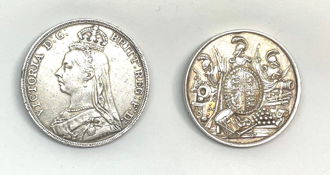 BRITISH COLONIAL WARS. 1 Crown 1891 Silver Coin & Long Service  Good Conduct Medal Lot (1 of 2)