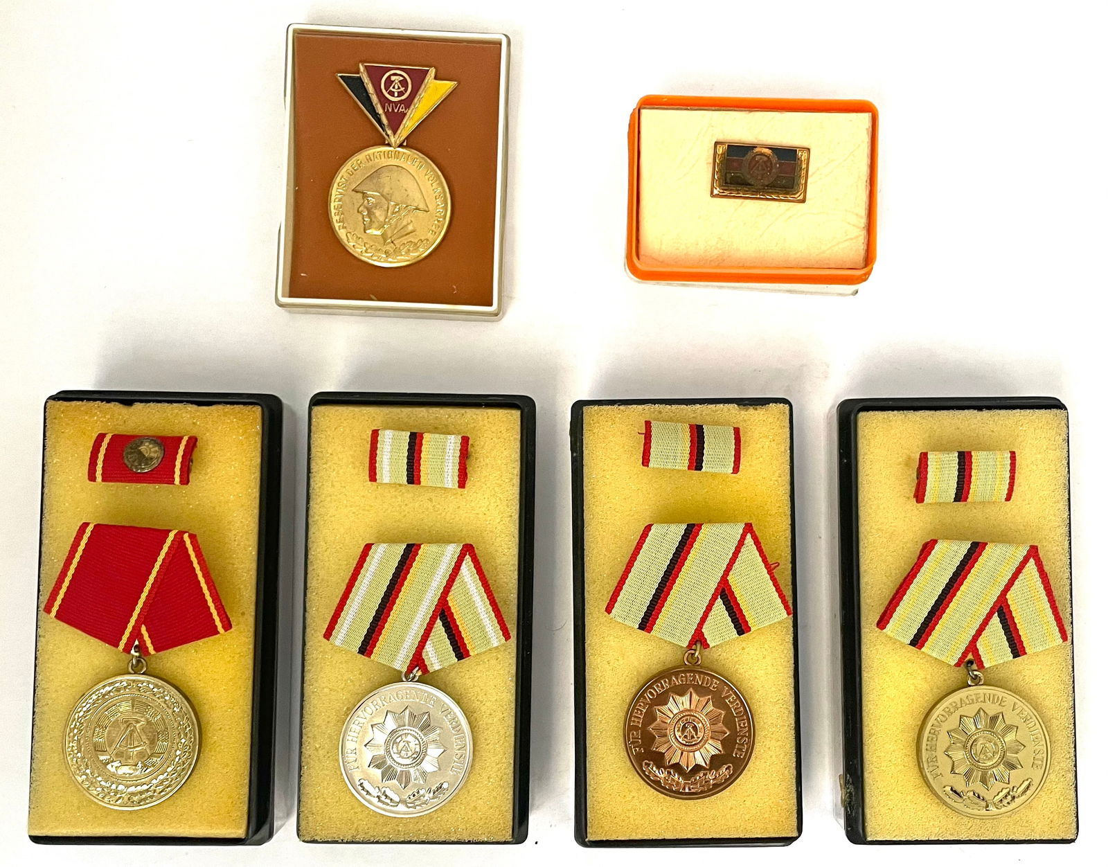 SOVIET EAST GERMAN.Military Medal Grouping: Boxed medals includes Medal of Merit of Organs of the Ministry of the Interior.Lot of 6