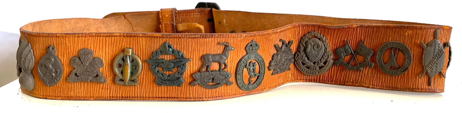 WW2.South African Souvenir Hate Belt: Leather belt with various badges attached.All badges are South African.