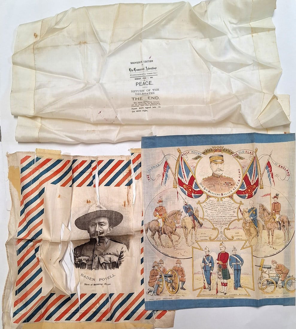 BOER WAR.British Propaganda Handkerchief Lot: Silk screen printed.One has extensive rip damage but other 2 in great condition.Lot of 3