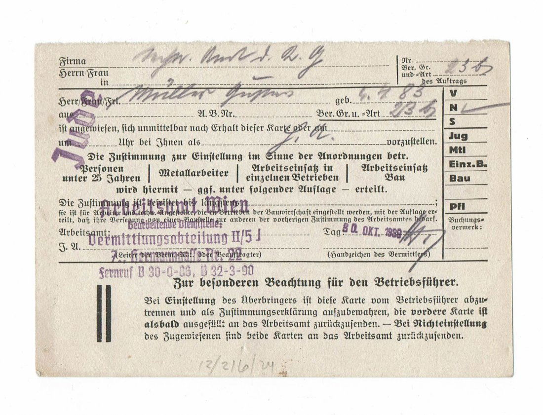 Holocaust Document - Jew Hired by a Company - 1939 (1 of 2)
