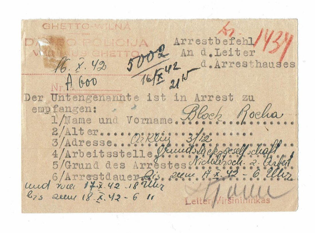 Holocaust - Vilnius Ghetto Order of Arrest for Jew (1 of 2)