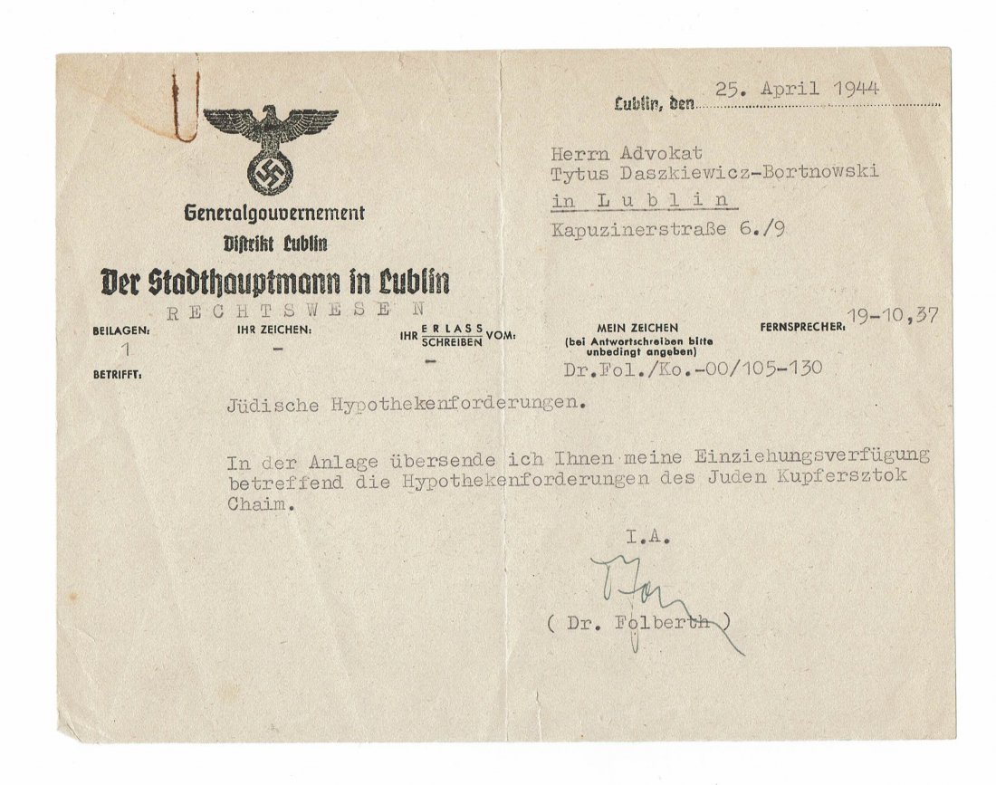 Document - Mortgage Payment for Jew - 1944 - Shoah (1 of 2)