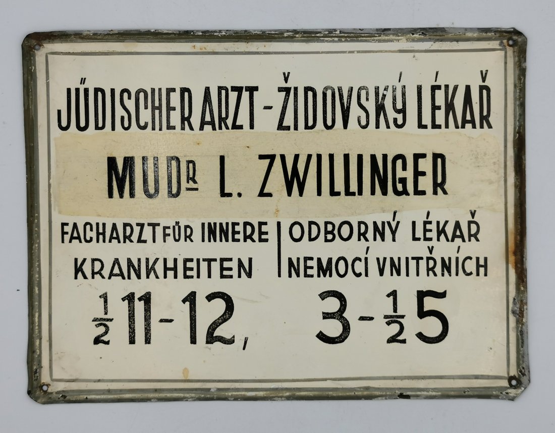 WWII Jewish Doctor Metal Sign - Czech Occupation Period: Ultra rare Jewish doctor metal sign that indicates in both German and Czech that the doctor is a specialist in internal medicine and is a Jewish doctor. It also gives information about the hours he re
