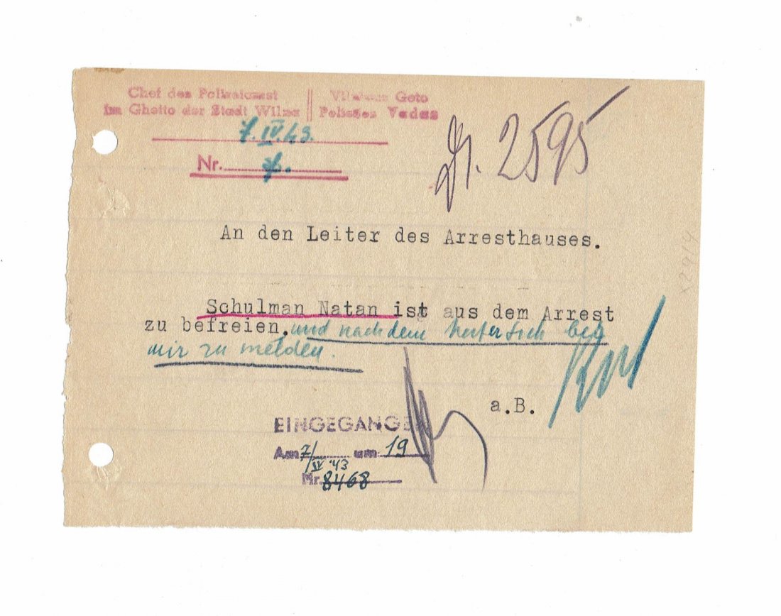 Chief of the Police Document - Ghetto of Vilnius 1943 (1 of 2)