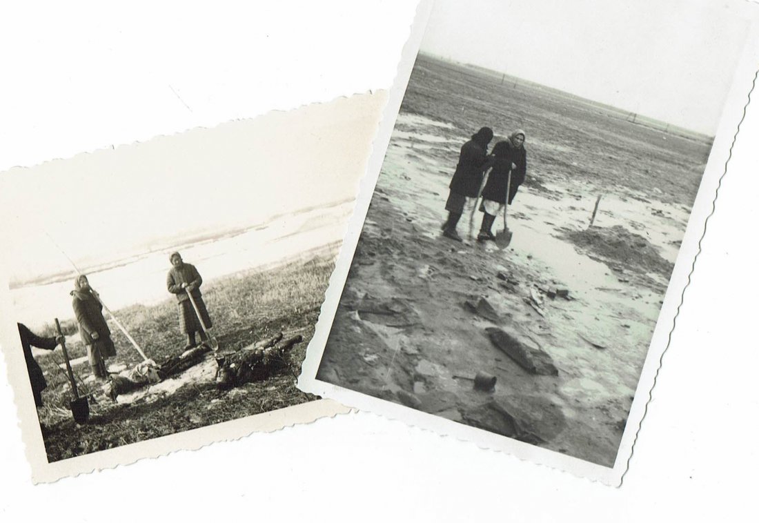 2 Photos of Women Burying Corpses - Holocasut: 2 photos of women burying corpses. It seems it's in the East and most likely relatives of the people that were executed by Germans. One of the photos has notes on the reverse. Probably never published