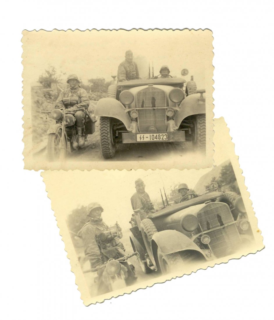 Waffen SS Photo with Motocyclettes / Car - Russia: Super photographs of Waffen SS on a motorbike and a car in 1941, Russia. Photos comes with a fantastic album Waffen SS - Division of Viking !