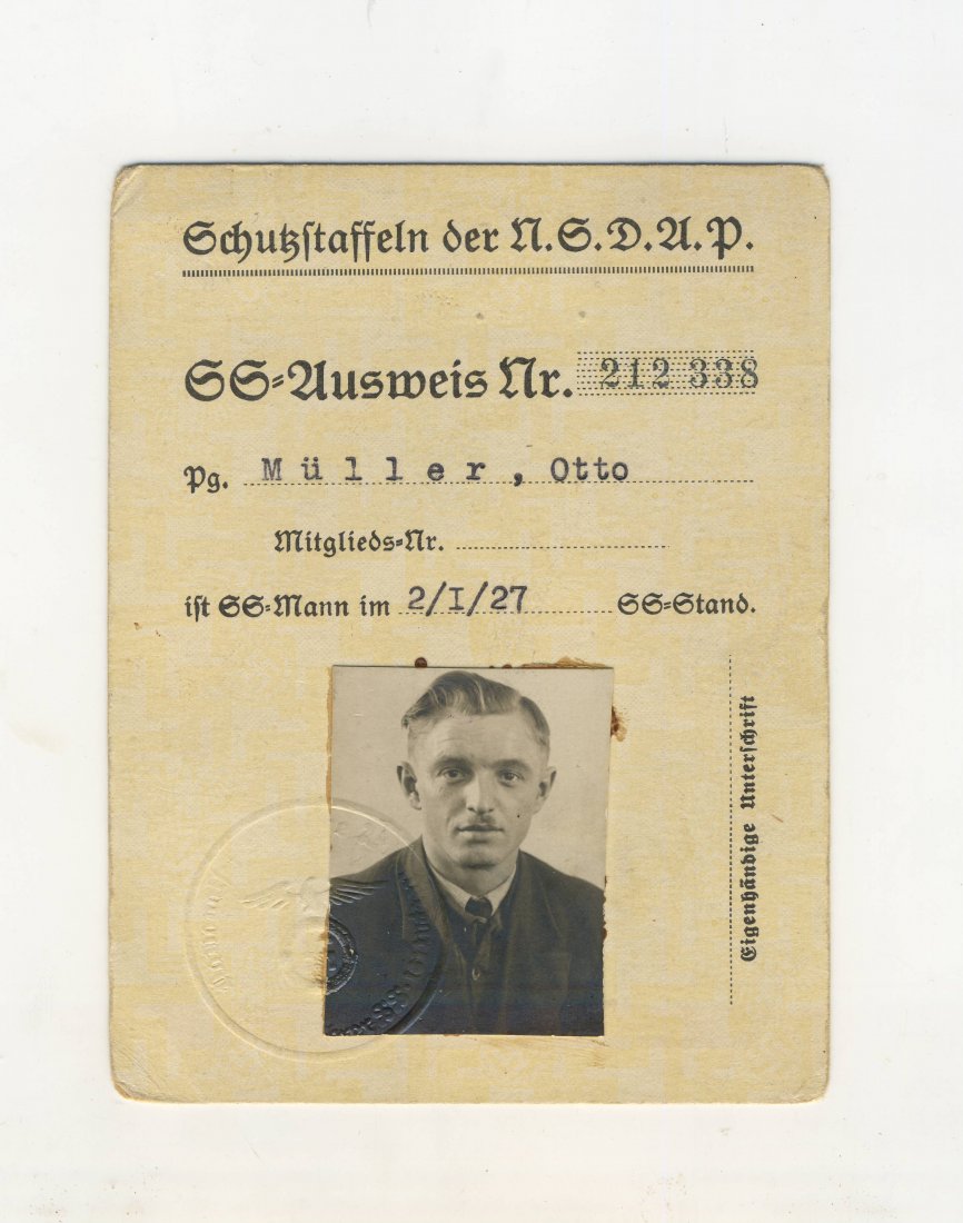 German WWII SS Membership Ausweis - Member Number 21233 (1 of 2)