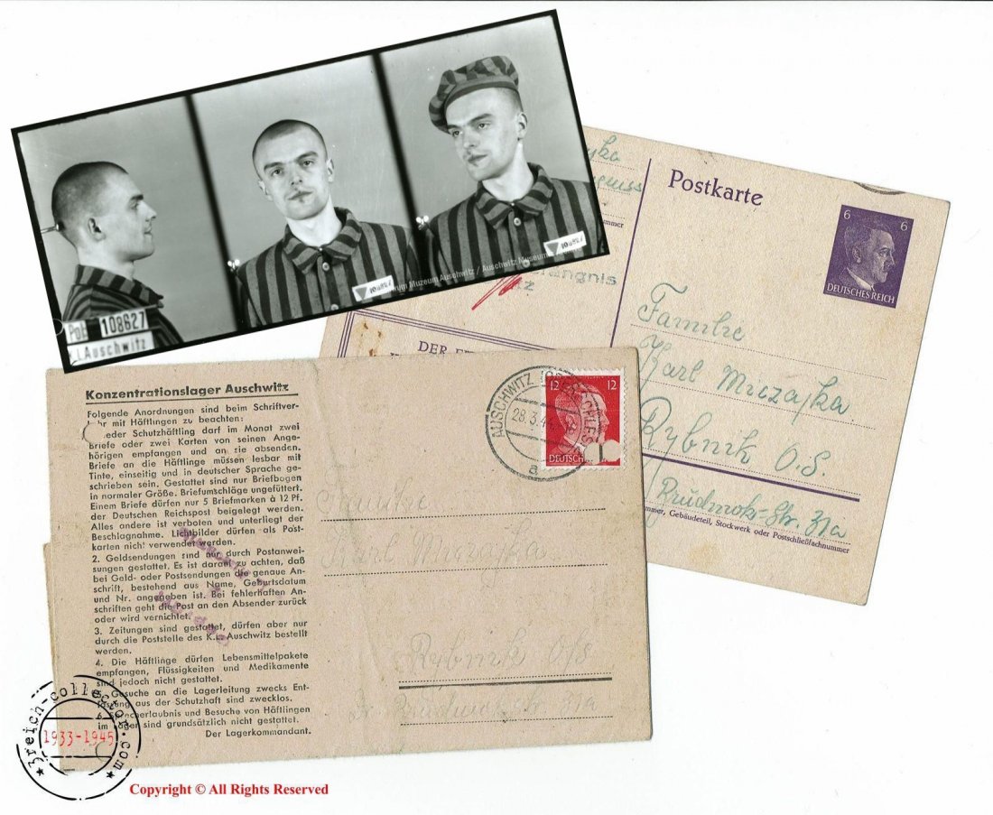 Auschwitz and Prison Myslowitz Correspondence - Shoah: Rare set of letter and postcard from KL Auschwitz and prison Myslowitz. Letter was sent from KL Auschwitz by Polish pisoner number 175040 Heinrich Miczajka. This letter was sent in 1944 and it's compl