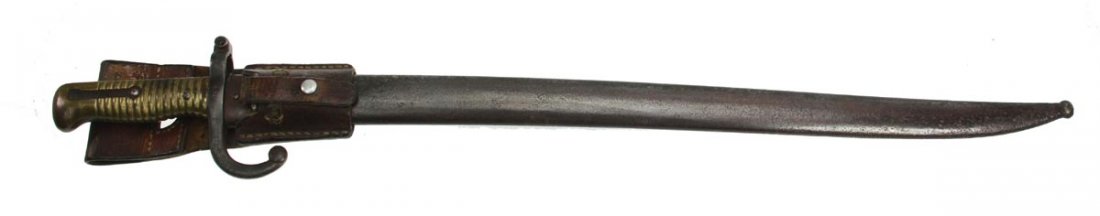 French Chassepot Bayonet with German Marks: French bayonet for Chassepot rifle model 1866 with scabbard and leather handle - total bayonet length: 694 mm, - blade length: 573 mm - blade width by handguard: 28 mm - blade thickness by handguard: 