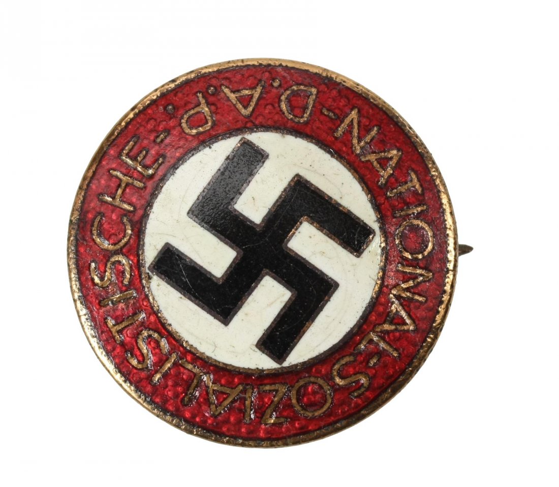 NSDAP Membership Badge M1/72. Parteiabzeichen.: NSDAP membership badge "M1/72". (Parteiabzeichen). Standard issue membership badge awarded to all personnel on acceptance as an official party member. Roughly 23mm diameter, die struck alloy badge NSD