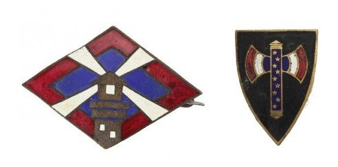Rare Set of Vichy France Lapel Pins - "Francisque": Vichy France "Francisque" lapel pin.Vichy France (as Occupied France was known under the Germans). Pin or badge for an unknown purpose. Depicts the multi colored Francisque (on black background, n.d. 