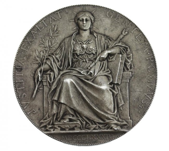 French Silver Medal: French silver medal. Weight 177.7 g, diameter 72 mm. There is a silver test on the edge: ARGENT. Inscription on the obverse: JUSTITIA EXALTAT GENTEM P C XIV V 34 MDCCCLXXXXIV. Inscription on the rever