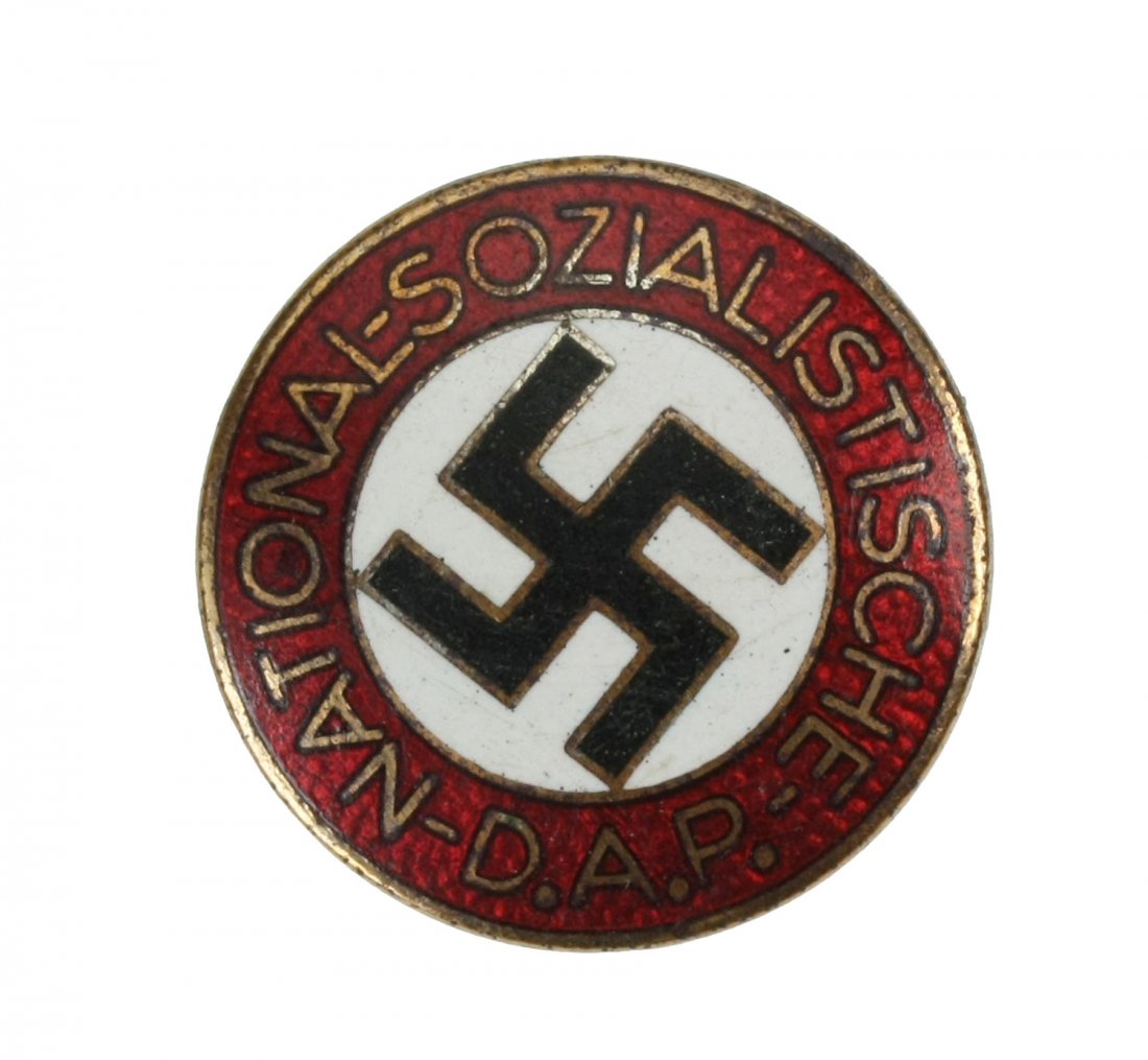 NSDAP MEMBERSHIP BADGE "M1/102".: NSDAP membership badge "M1/102". (Parteiabzeichen). Standard issue membership badge awarded to all personnel on acceptance as an official party member. Roughly 23mm diameter, die struck alloy badge NS