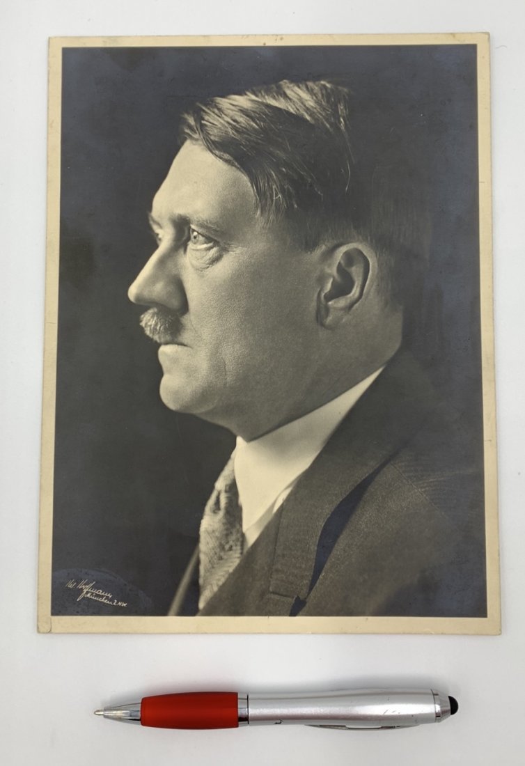 Adolf Hitler Studio Portrait Photo by Hoffmann: Large Adolf Hitler Studio Portrait Photo by Heinrich Hoffmann, Stamped on reverse. These official studio portraits are very rare. 7" x 9.5".