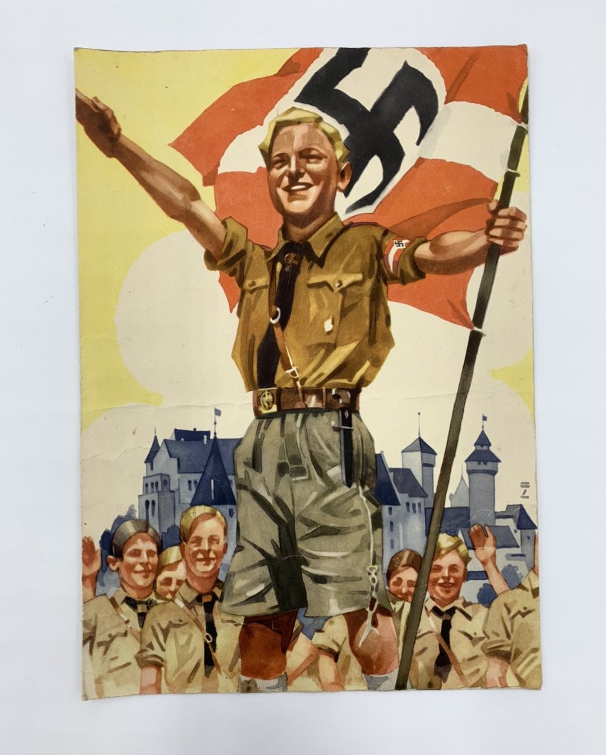 HJ Hitler Youth Design Folder Type Telegram Sent 1936: HJ Hitler Youth design folder type telegram sent 1936. Cover shows a beautiful photo in art-decó art of HJ boys holding a flag. On the reverse a powerful Nazi eagle, exactly the one in Luitpoldhain i