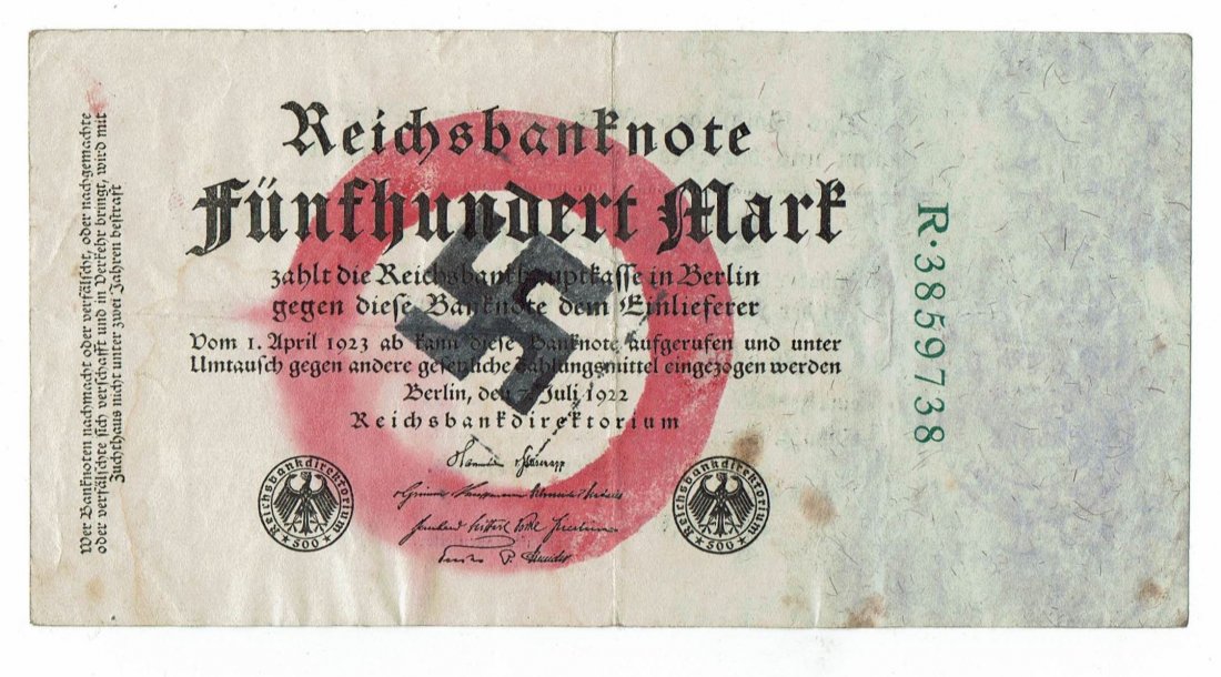 Early Nazified 500 Mark Bank Note - Bond Issue Coburg: Early nazified 500 Mark bank note of 1923. Note the ink stamped Nazi emblem with swastika and red circle. This banknote was issued during Weimar Republic and then was adapted to the III Reich. On the 