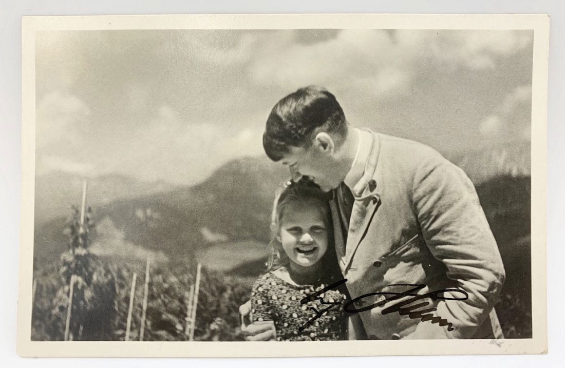 Adolf Hitler Signed Postcard with Jewish Girl: Extremely desirable Adolf Hitler postcard by Hoffman with Hitler's ink signature in fountain pen. Known as "the Führer's child," Rosa Bernile Nienau became close to Hitler after they met on the Bergh